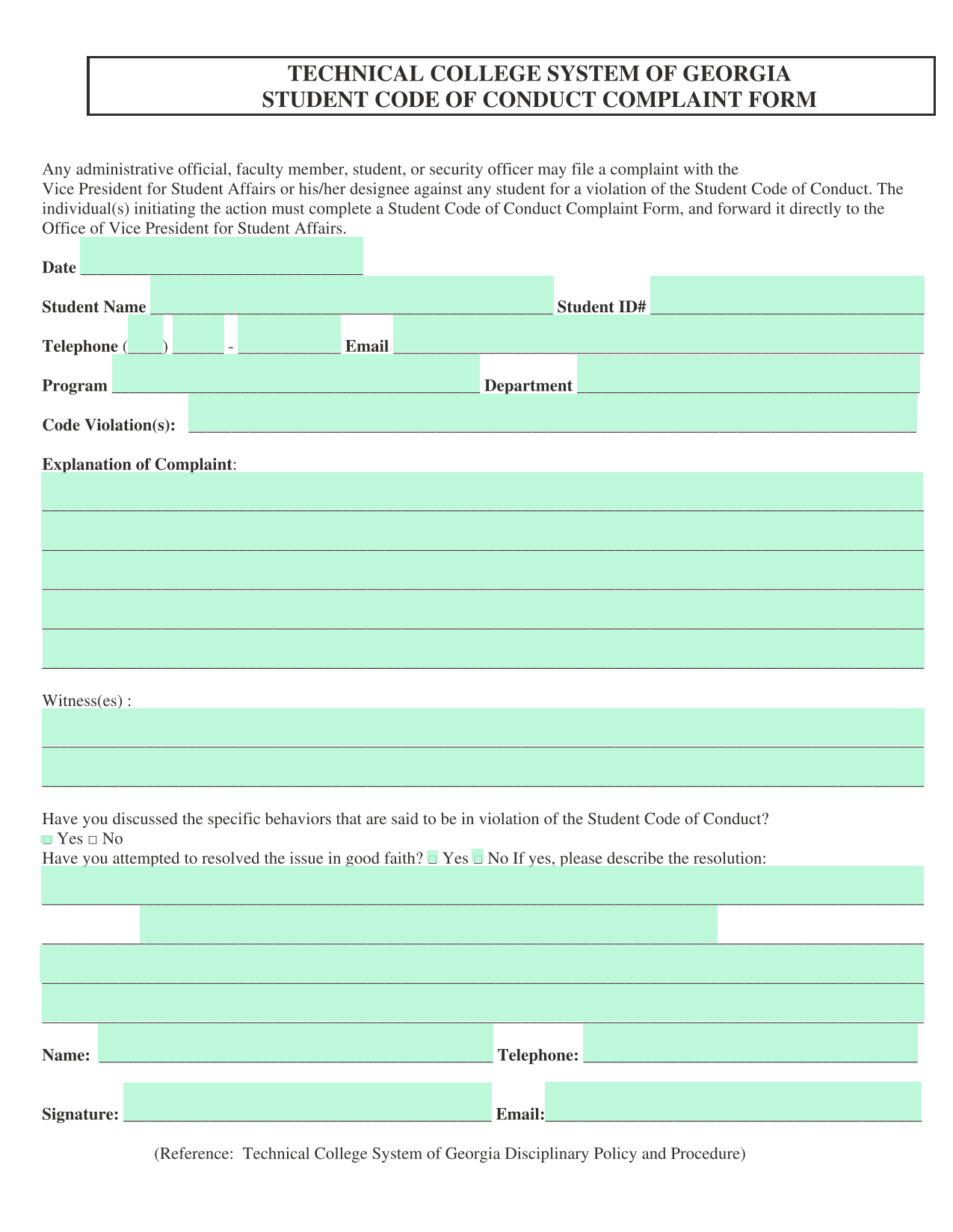 Student Code Of Conduct Complaint Form screenshot