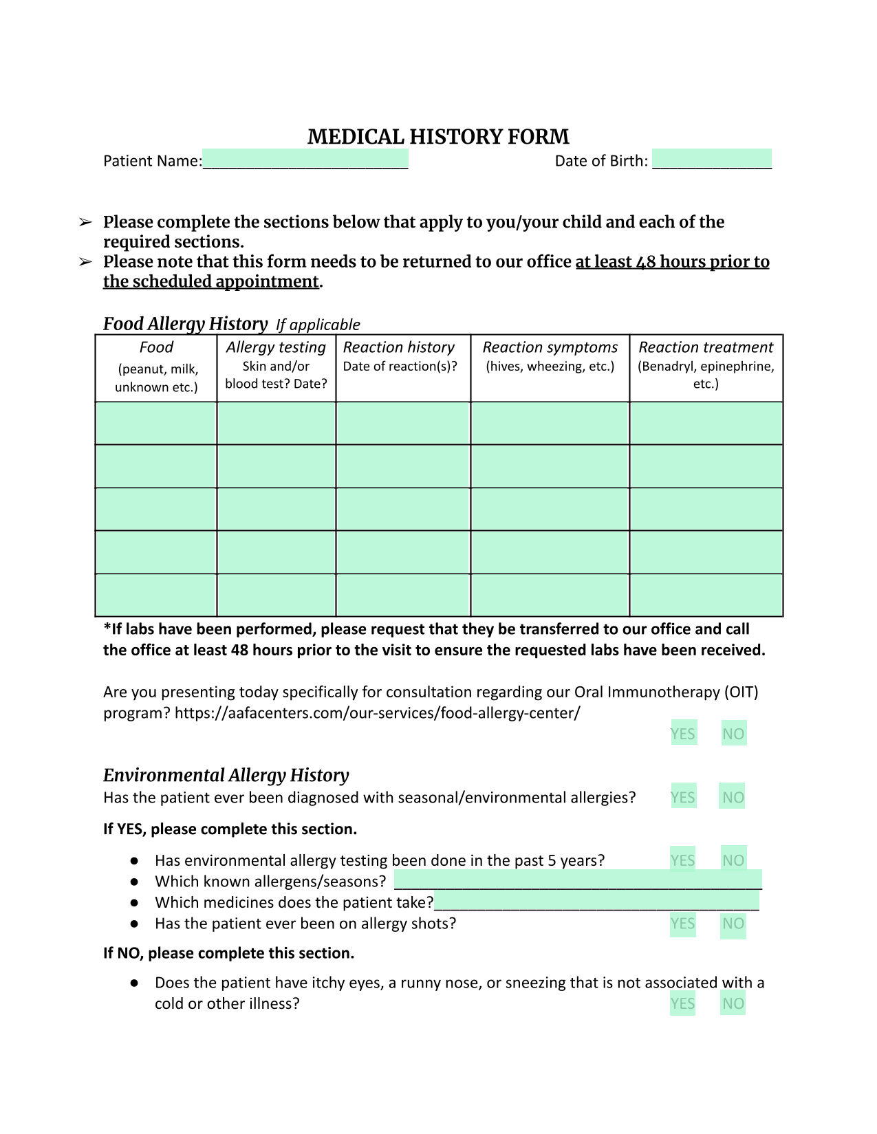 MEDICAL HISTORY FORM screenshot