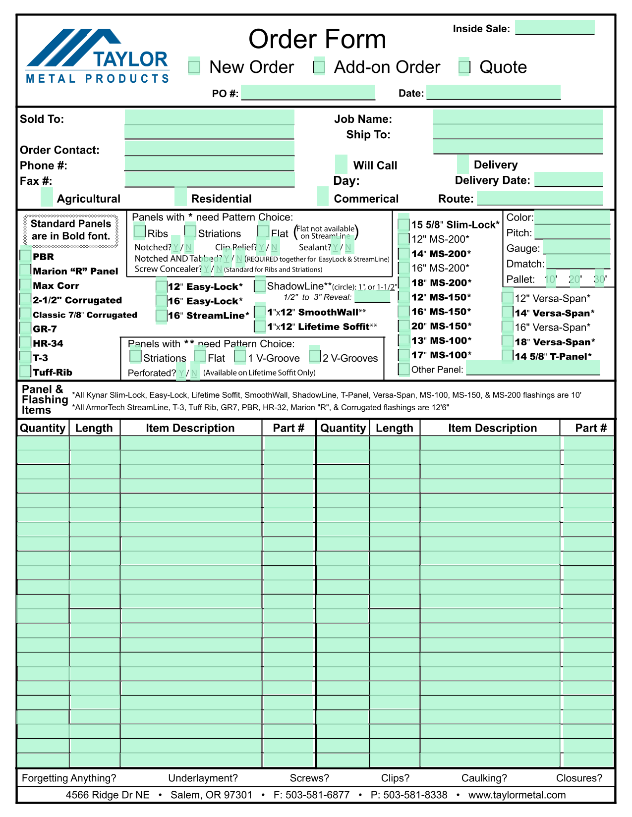 Order Form screenshot