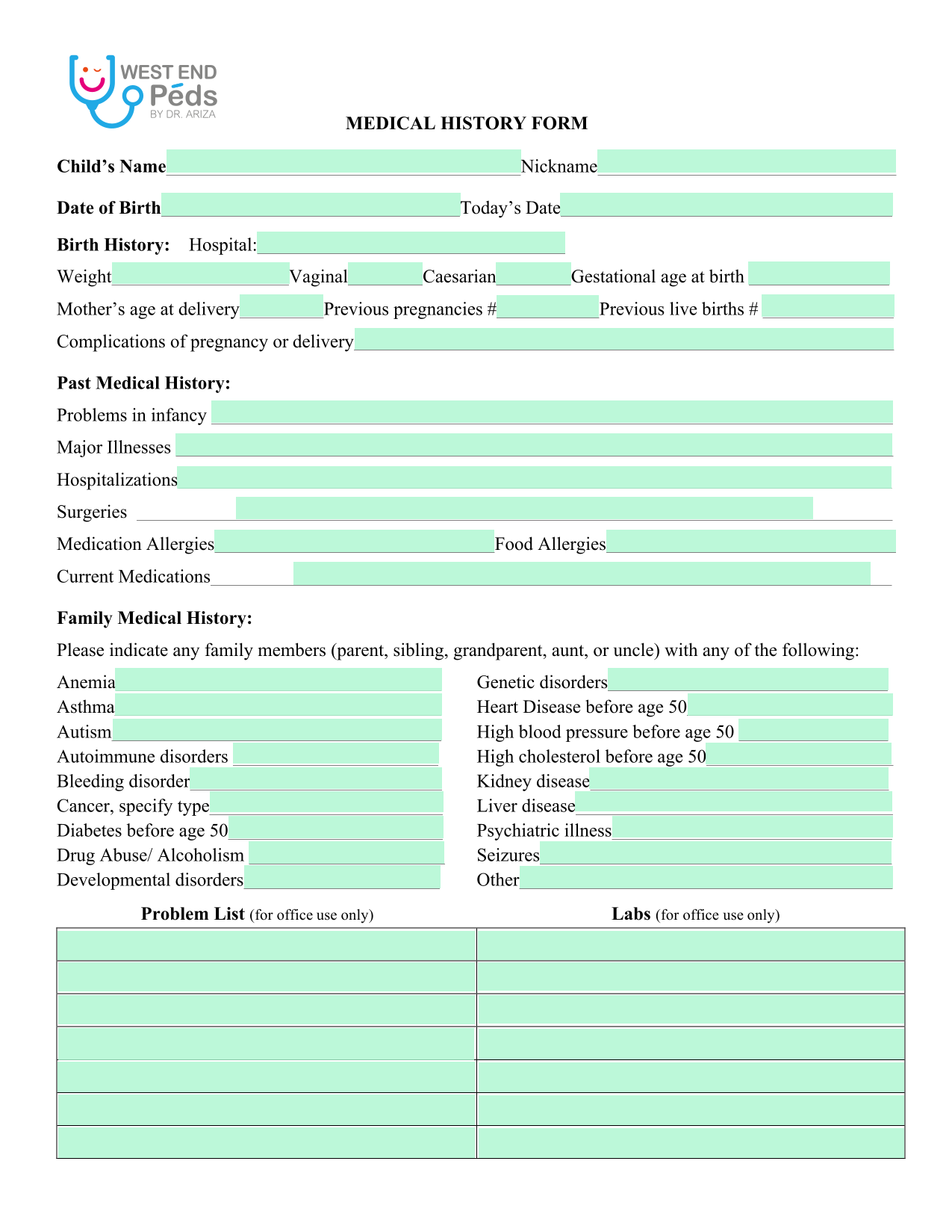 MEDICAL HISTORY FORM screenshot