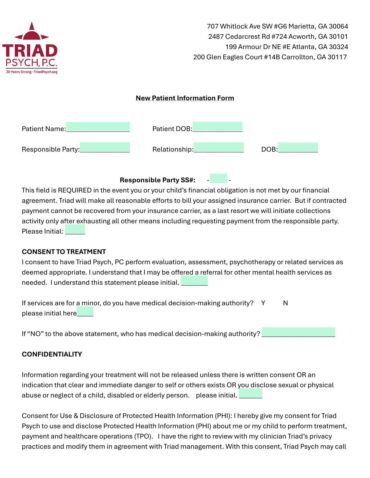 New Patient Information Form screenshot