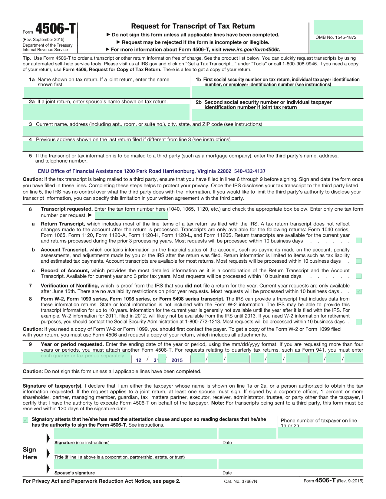 Form 4506 T screenshot