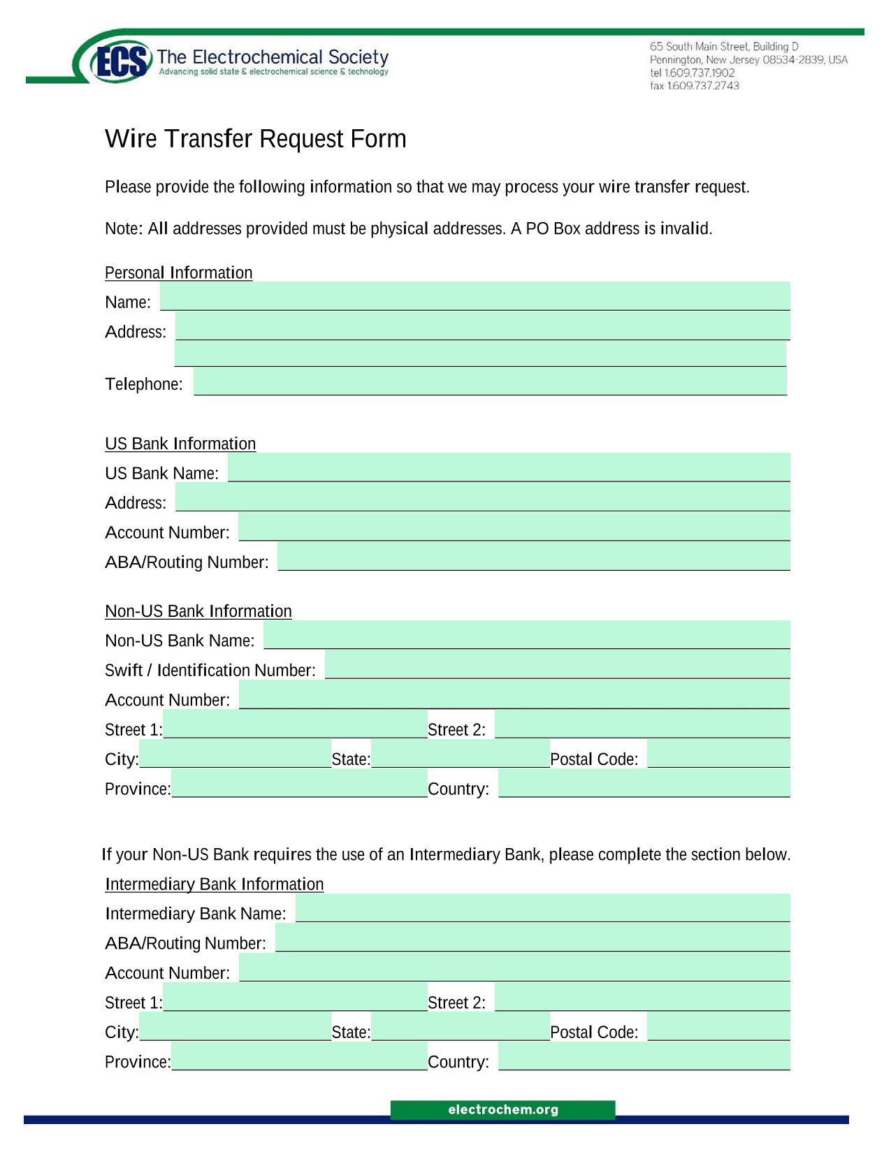 Wire Transfer Request Form screenshot