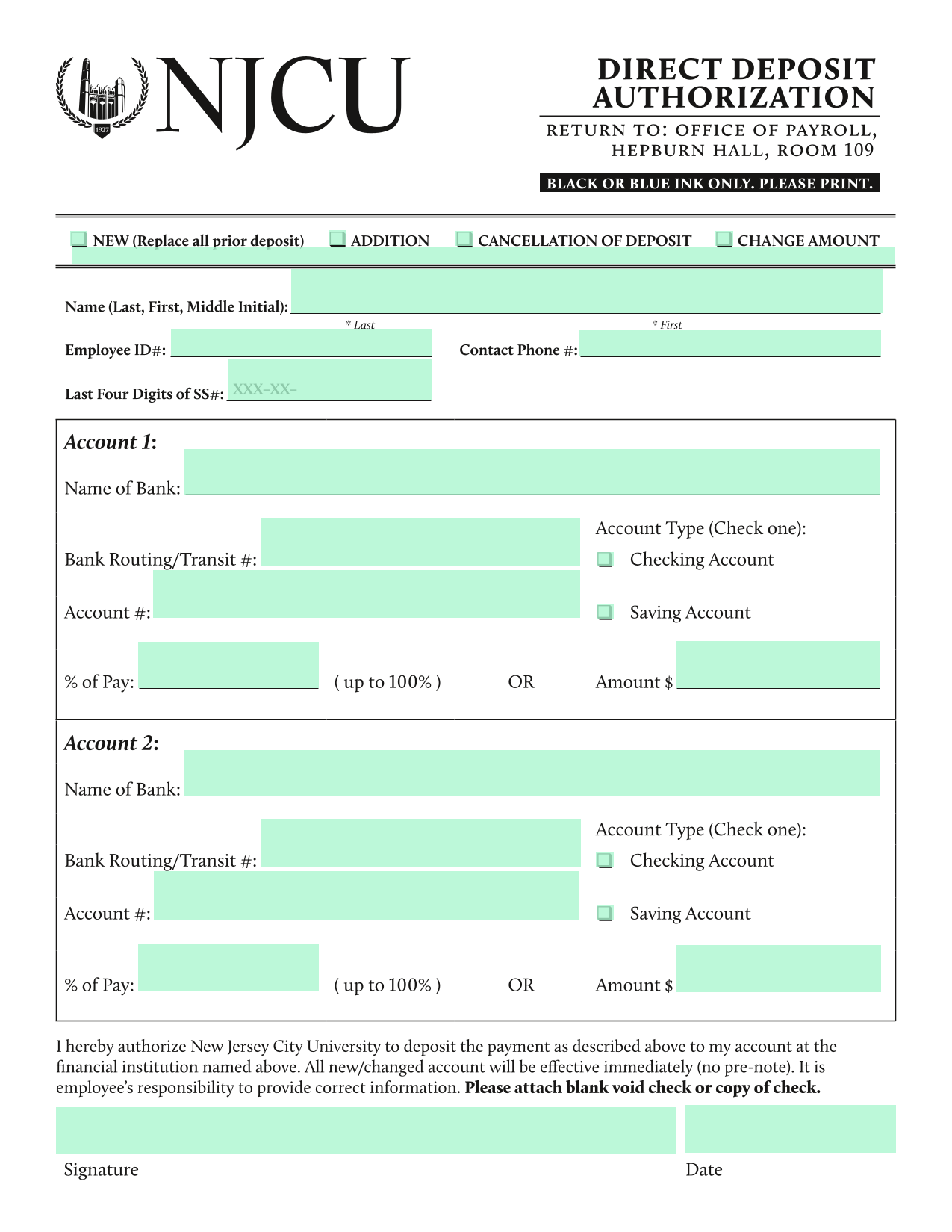 Direct Deposit Authorization screenshot