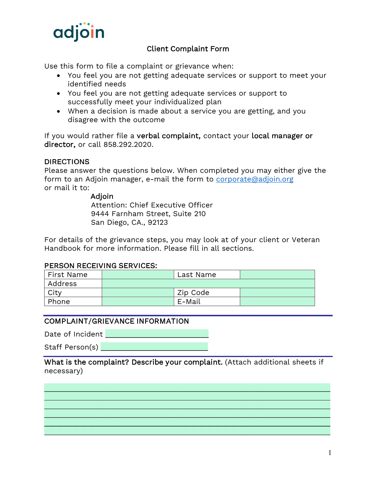 Client Complaint Form screenshot