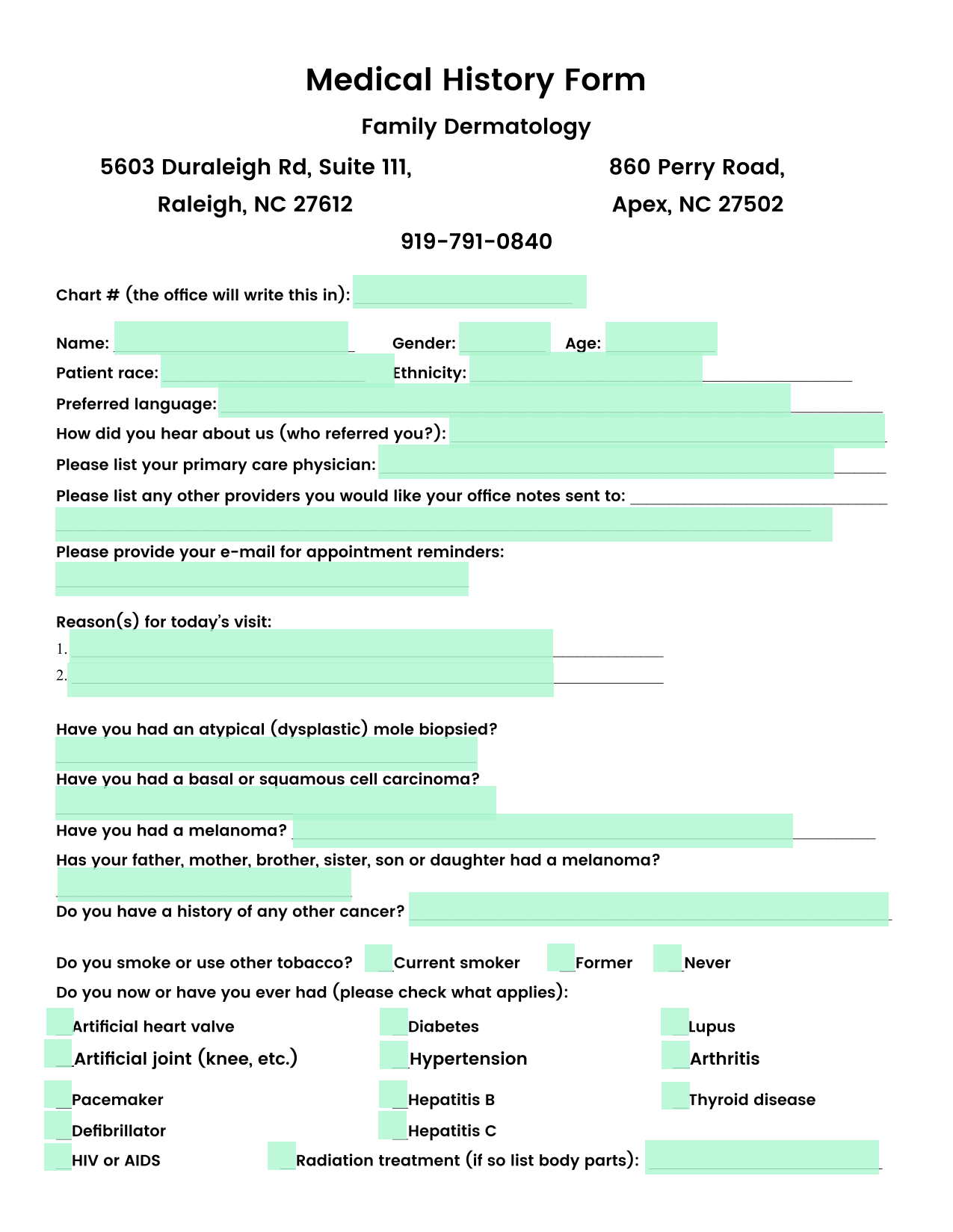 Medical History Form screenshot