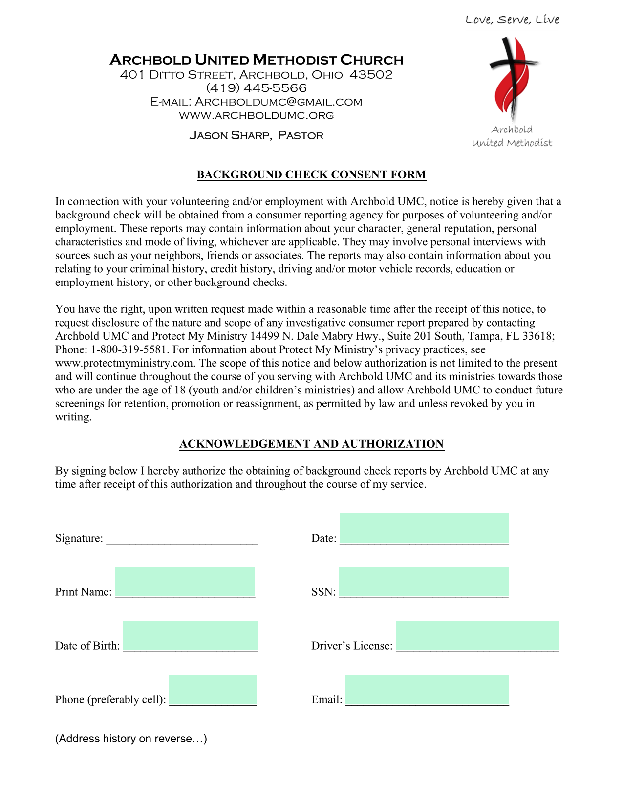 Background Check Consent Form screenshot