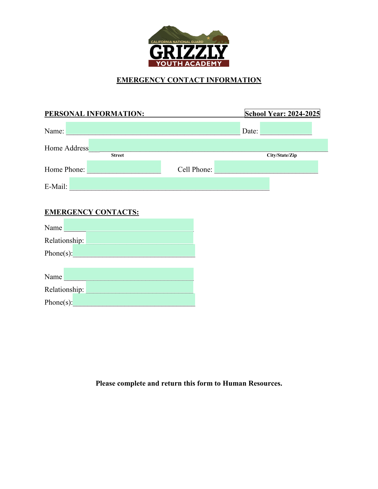 Emergency Contact Information Form screenshot