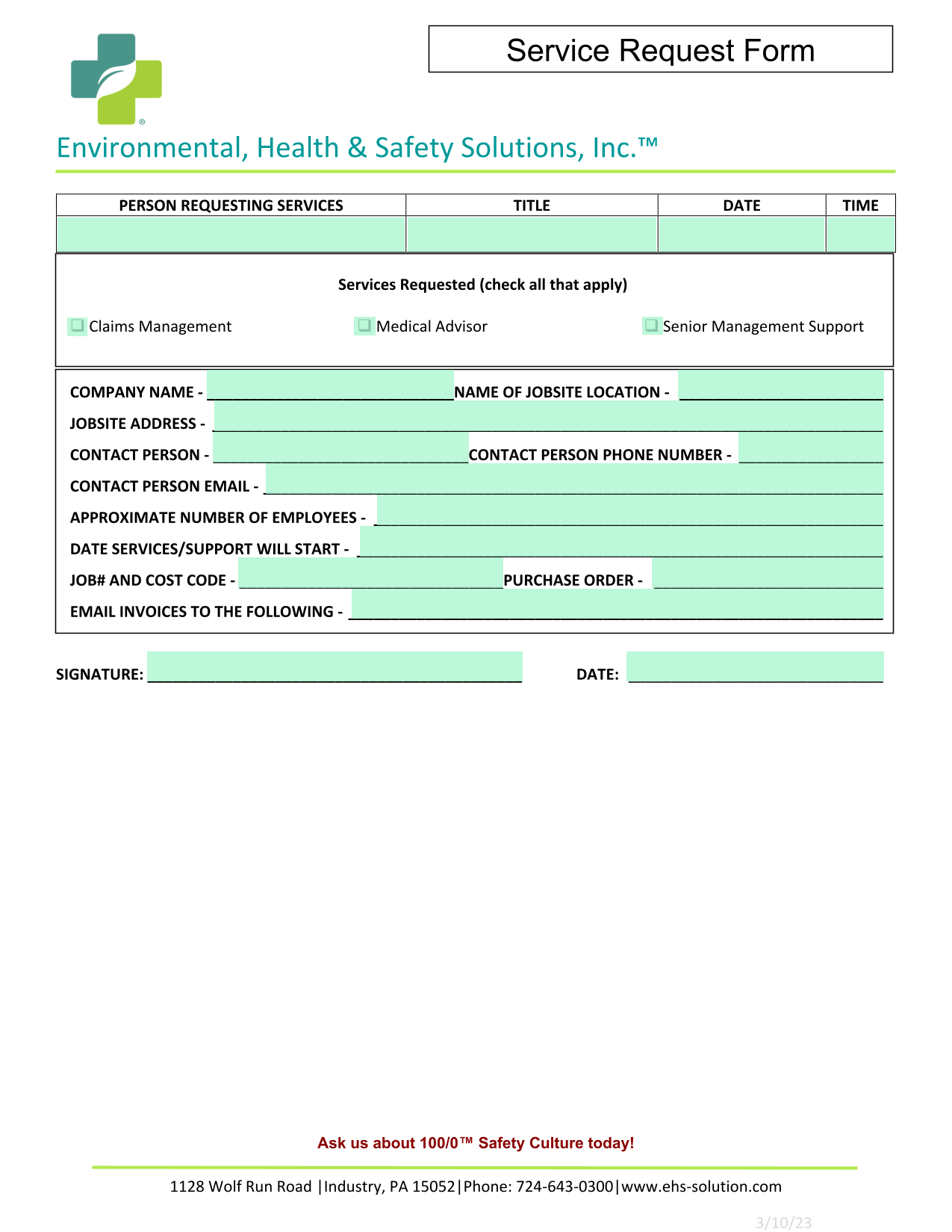 Service Request Form screenshot