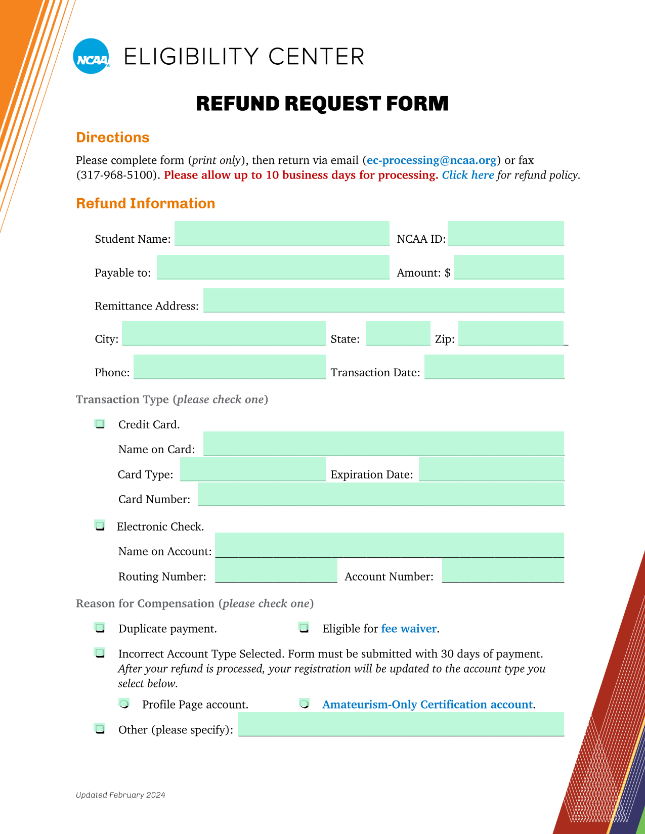 Refund Request Form screenshot