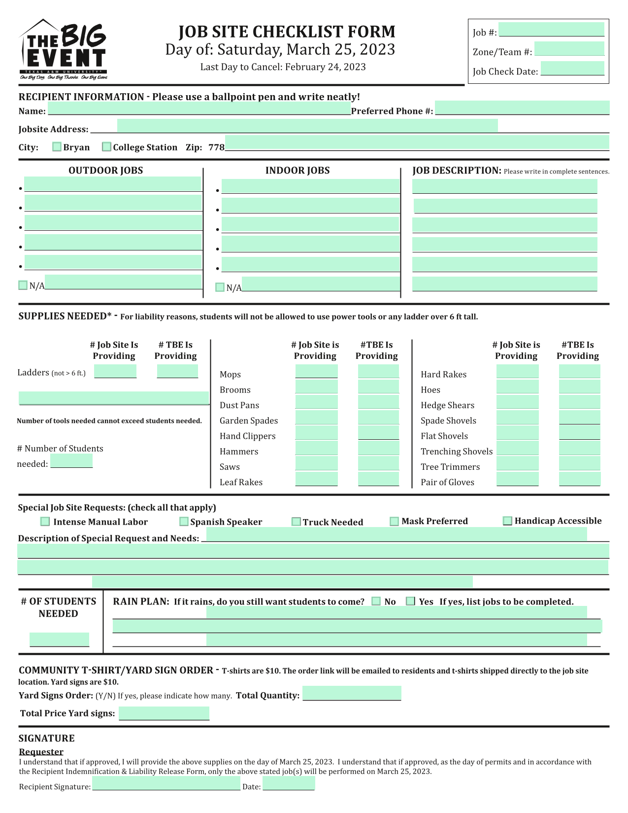 Job Site Checklist Form screenshot