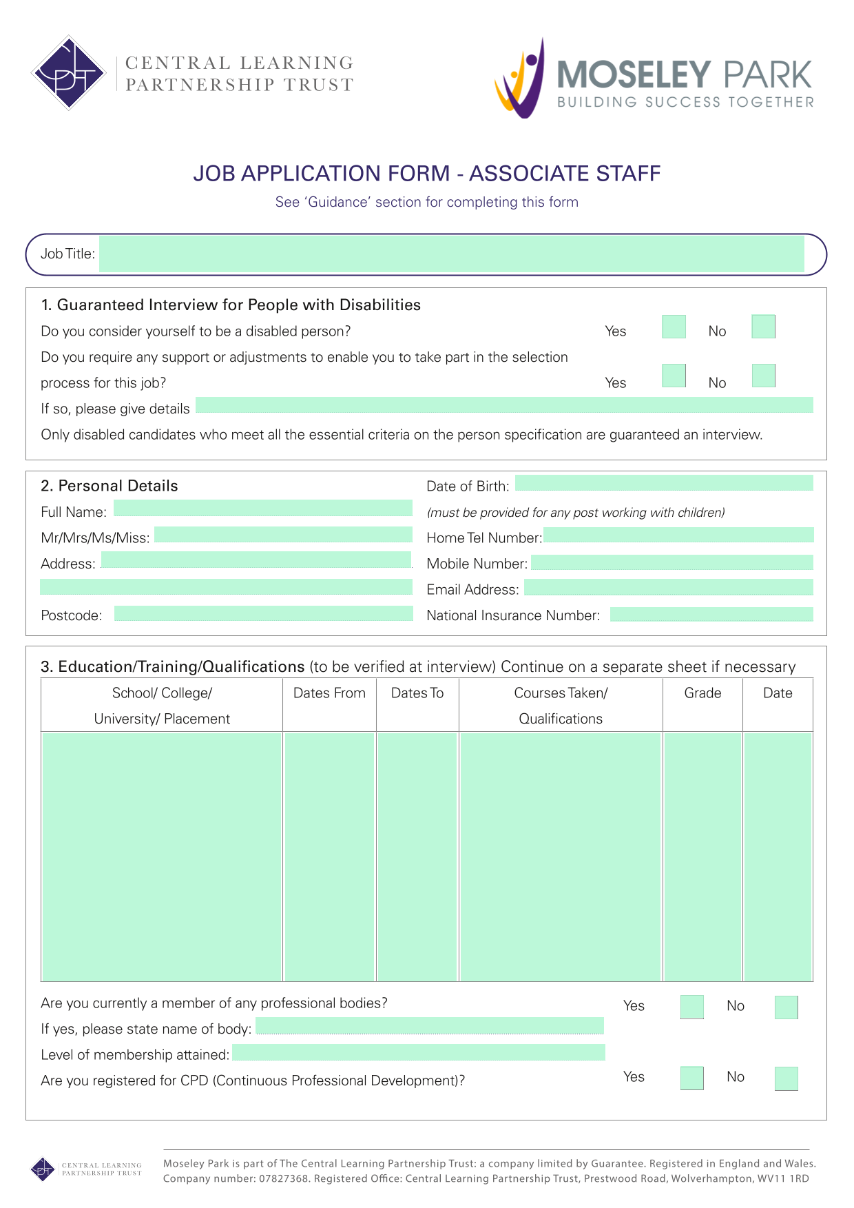 JOB APPLICATION FORM   ASSOCIATE STAFF screenshot