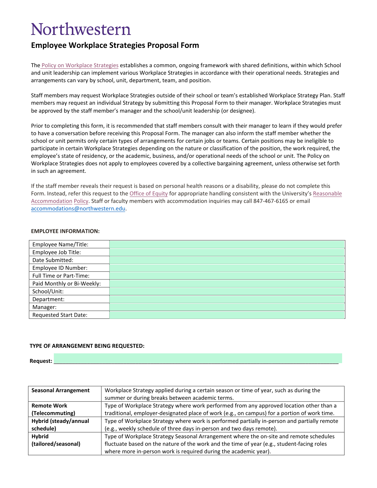 Employee Workplace Strategies Proposal Form screenshot