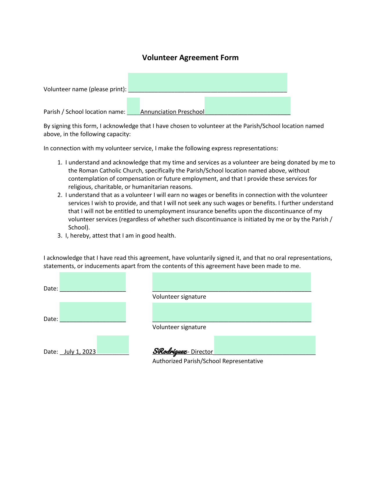 Volunteer Agreement Form screenshot
