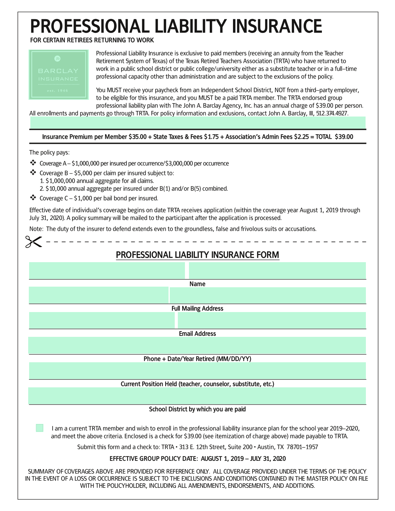 Professional Liability Insurance Form screenshot