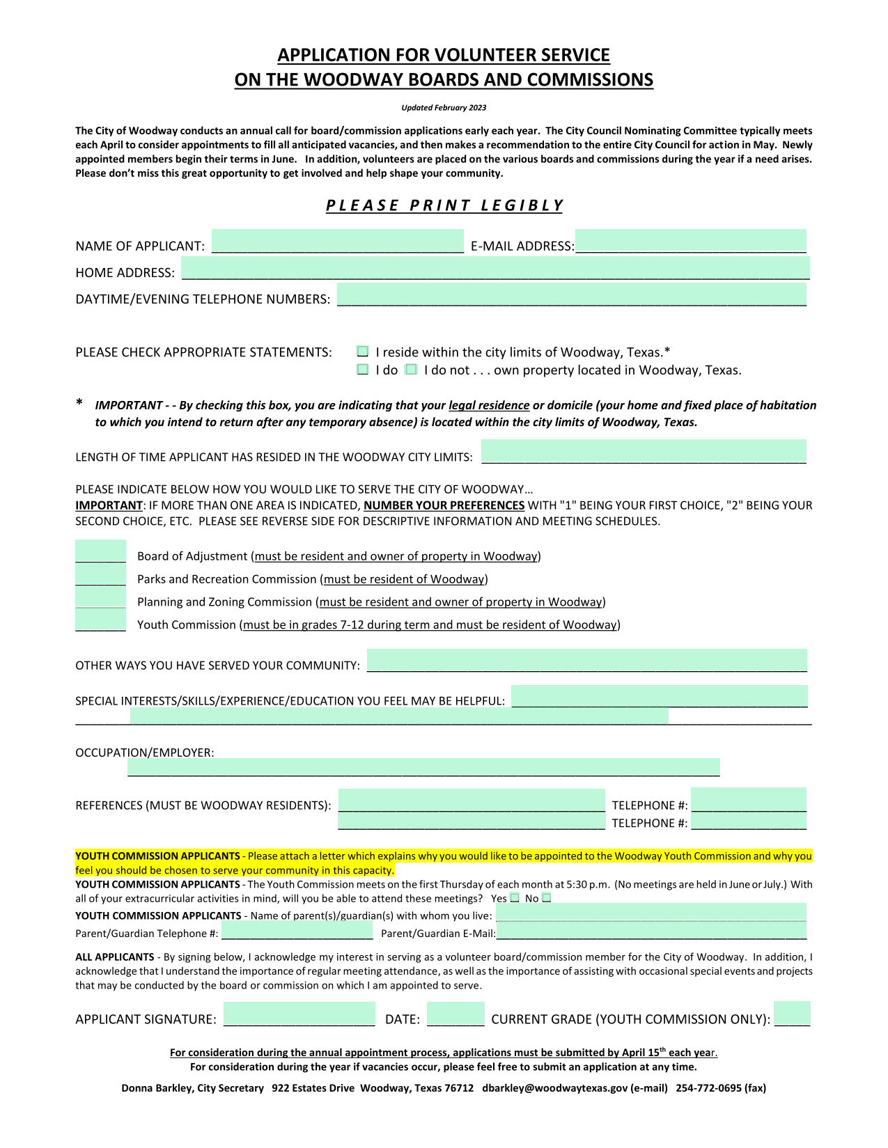 Application For Volunteer Service On The Woodway Boards And Commissions screenshot