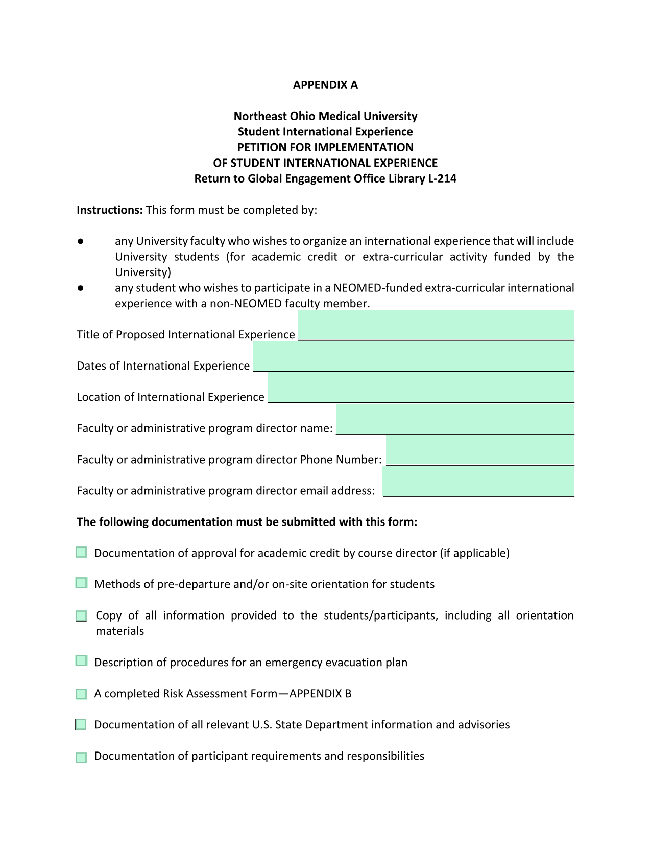 Student International Experience Petition Form screenshot