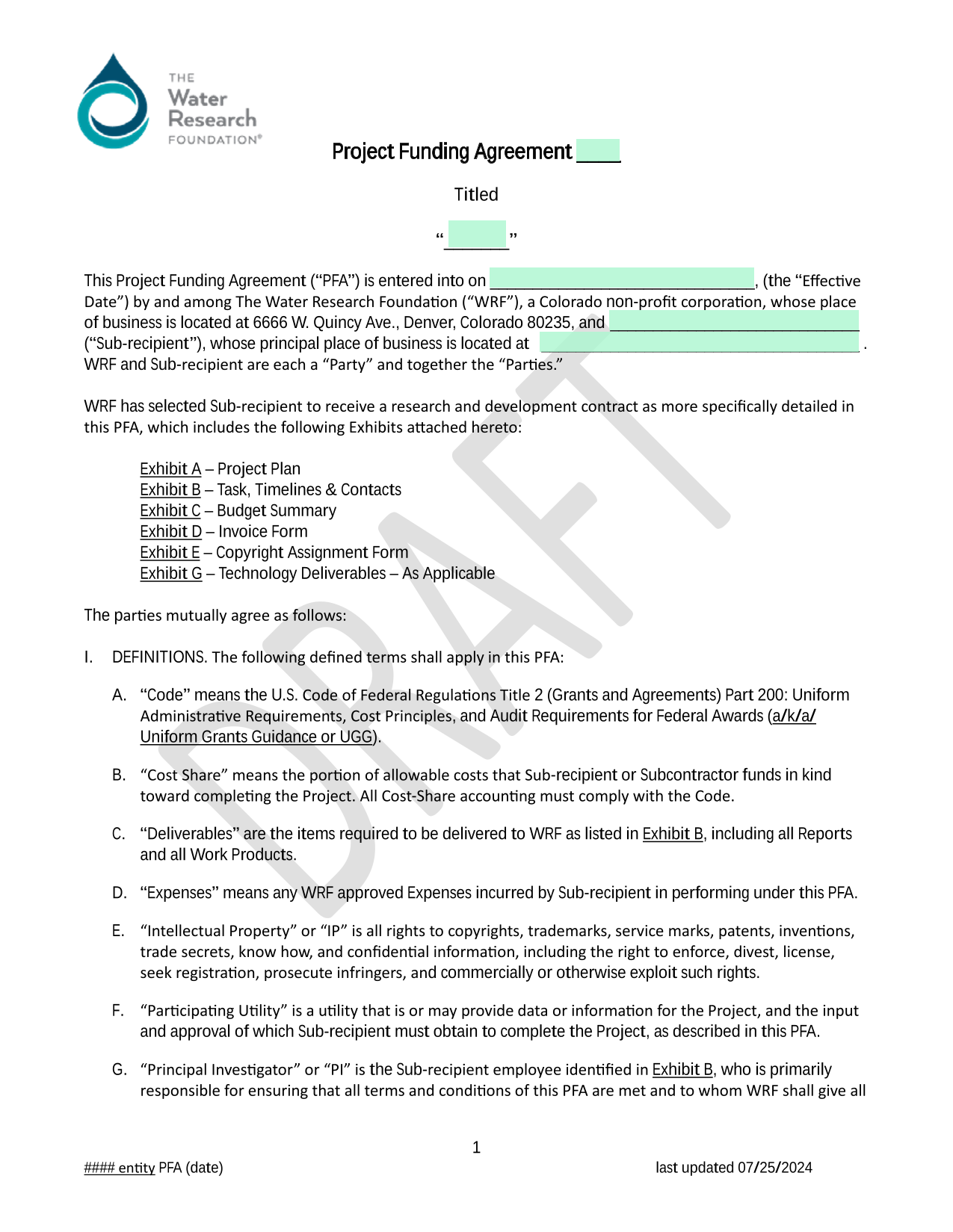 Project Funding Agreement screenshot