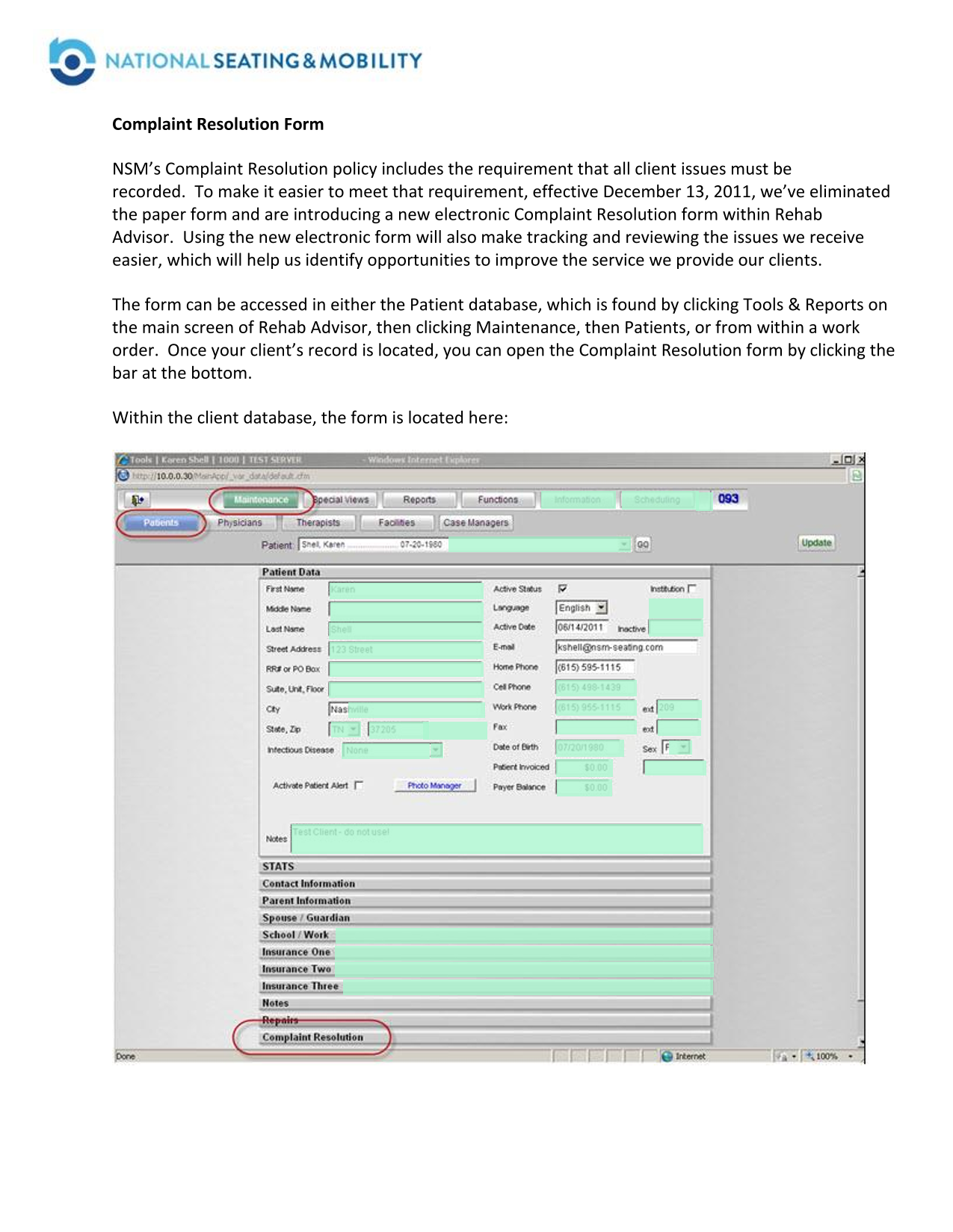 Complaint Resolution Form screenshot