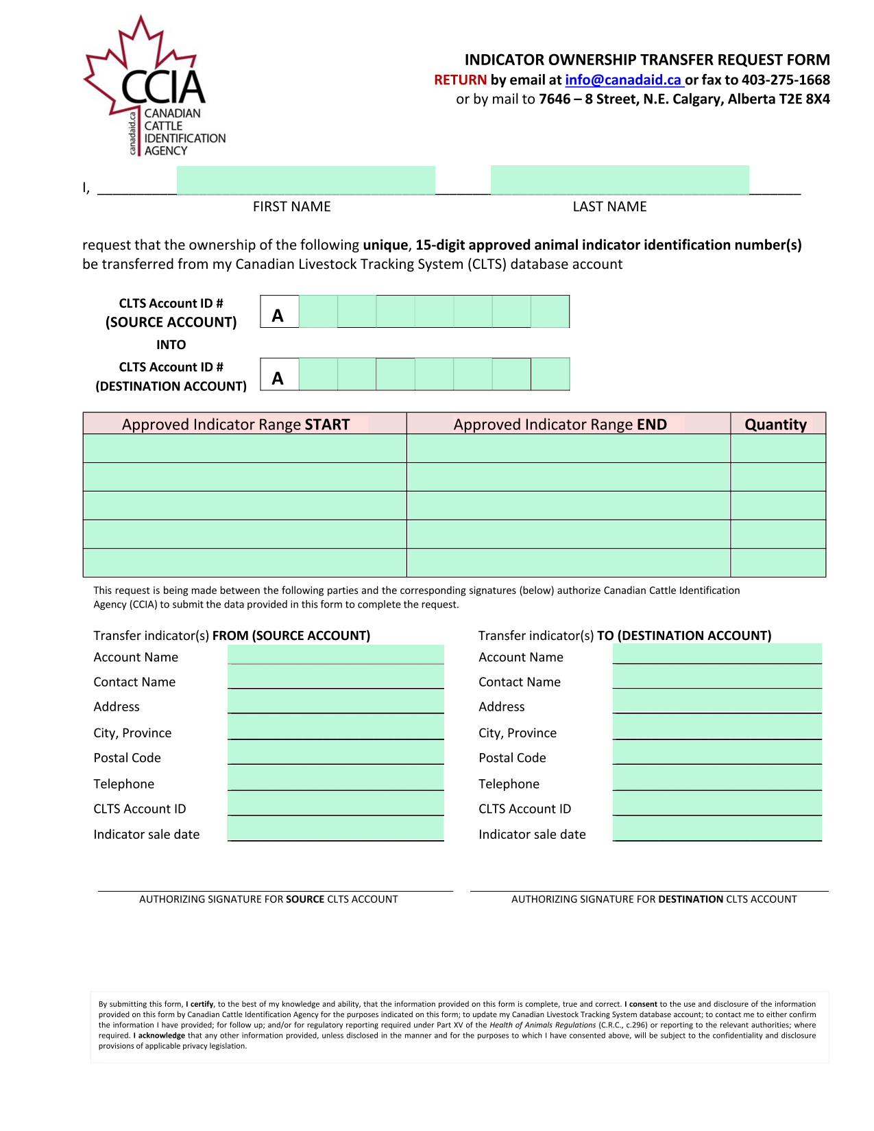 Indicator Ownership Transfer Request Form screenshot