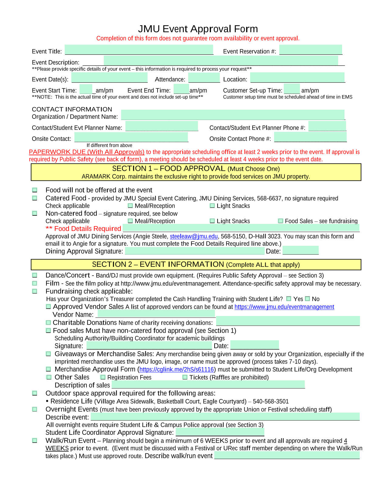JMU Event Approval Form screenshot
