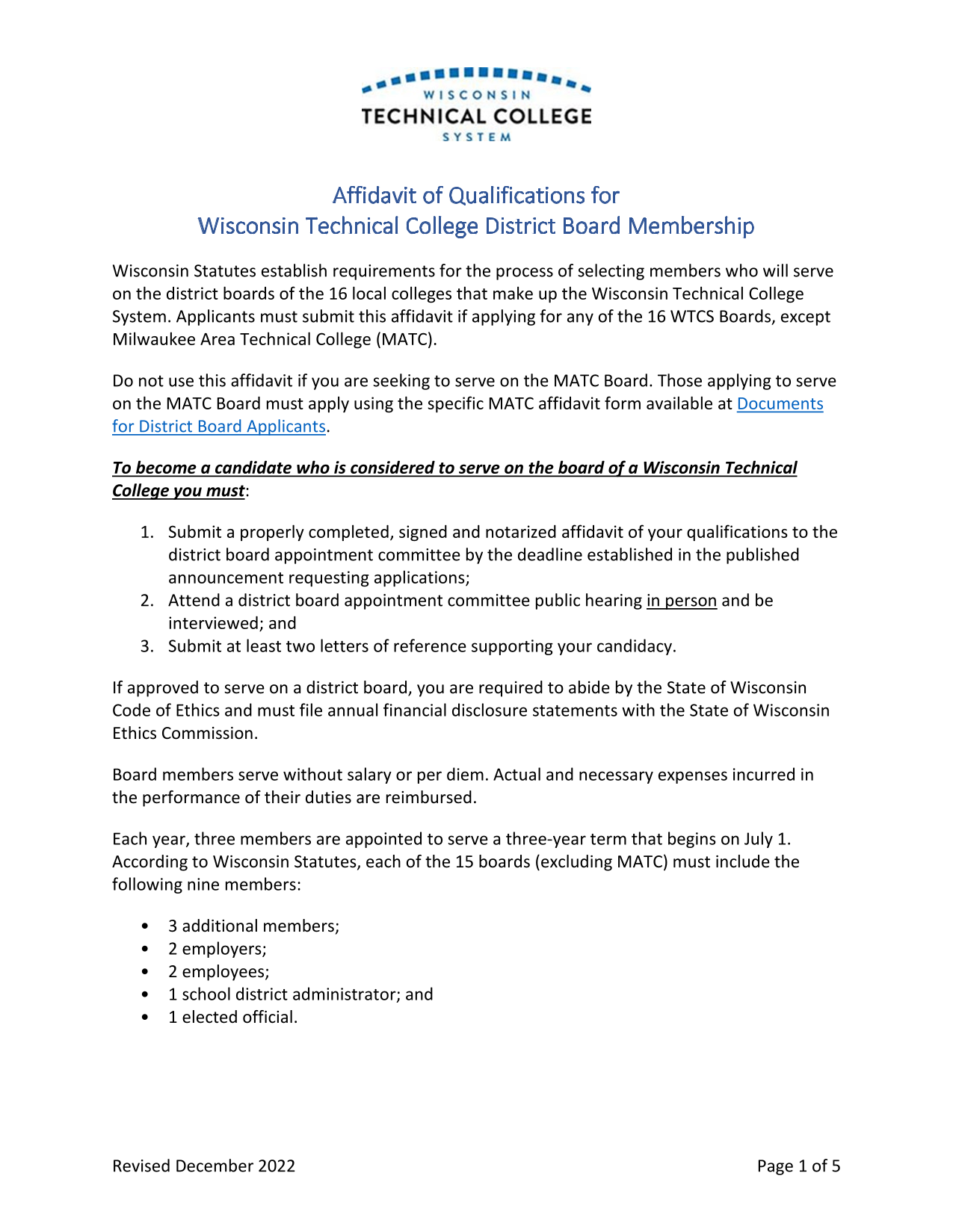 Affidavit Of Qualifications For Wisconsin Technical College District Board Membership screenshot