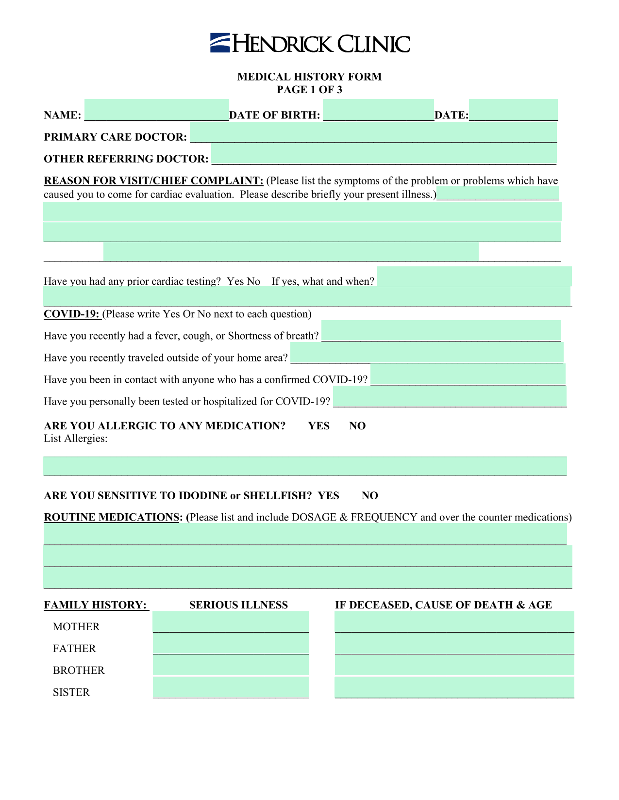 MEDICAL HISTORY FORM screenshot
