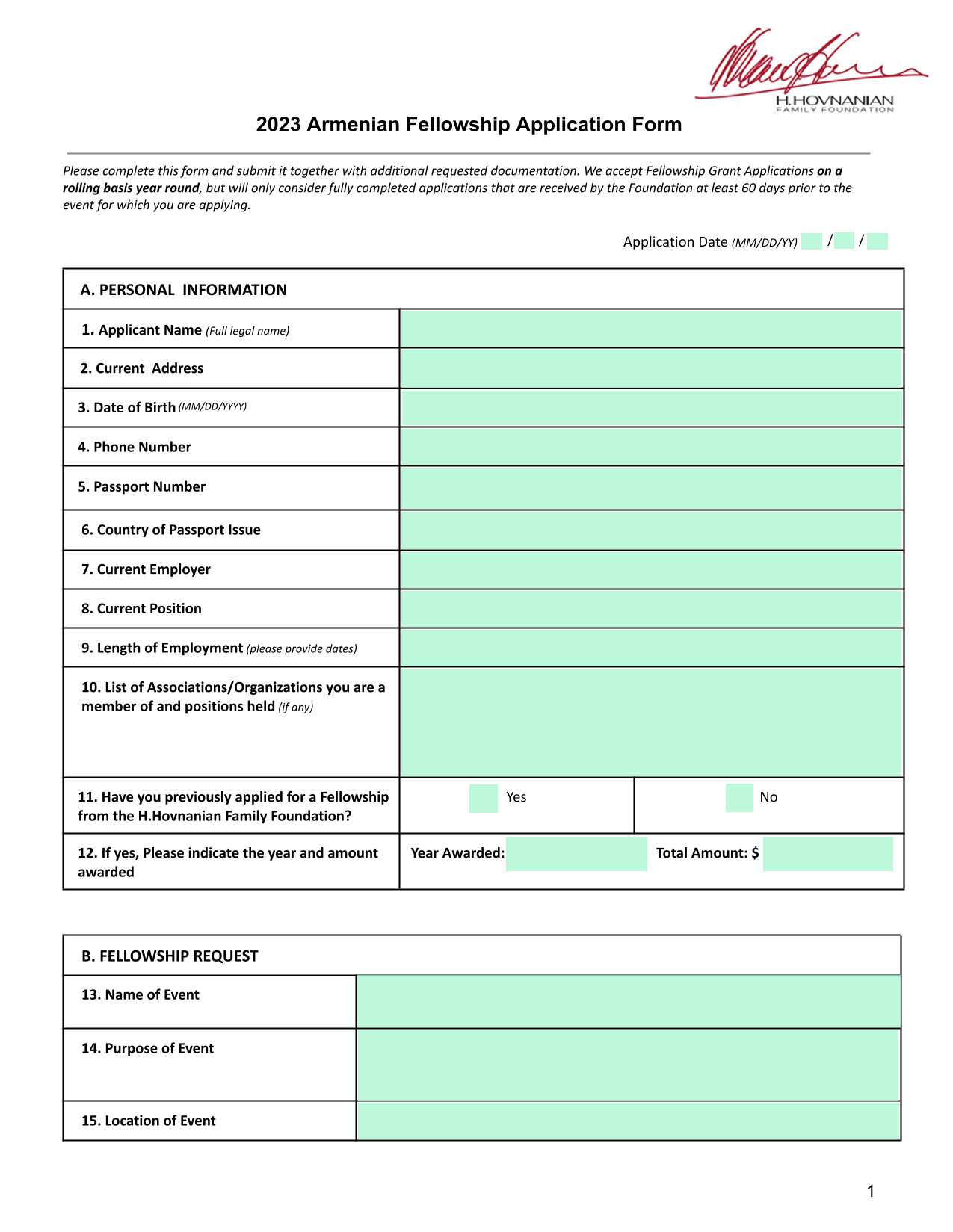 2023 Armenian Fellowship Application Form screenshot