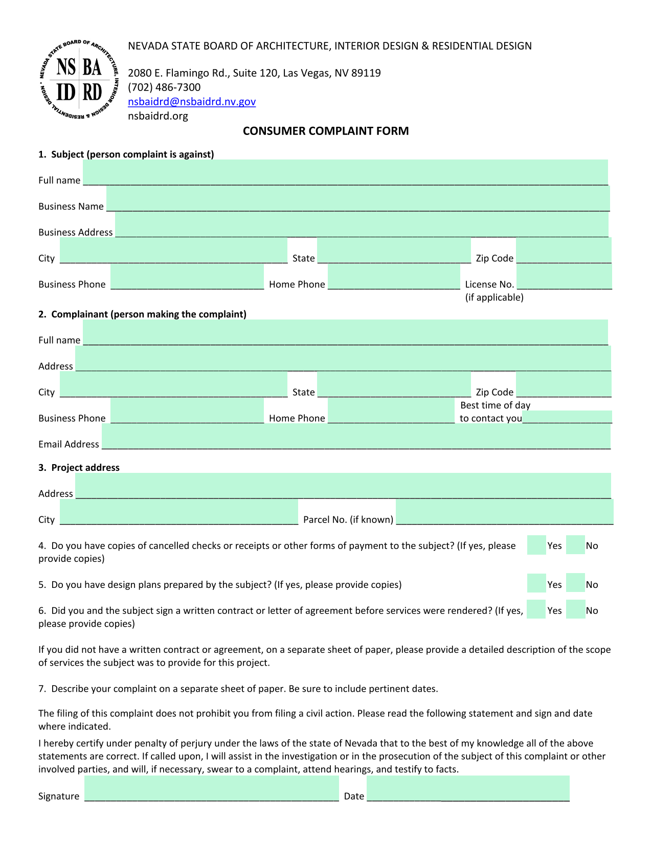 Consumer Complaint Form screenshot