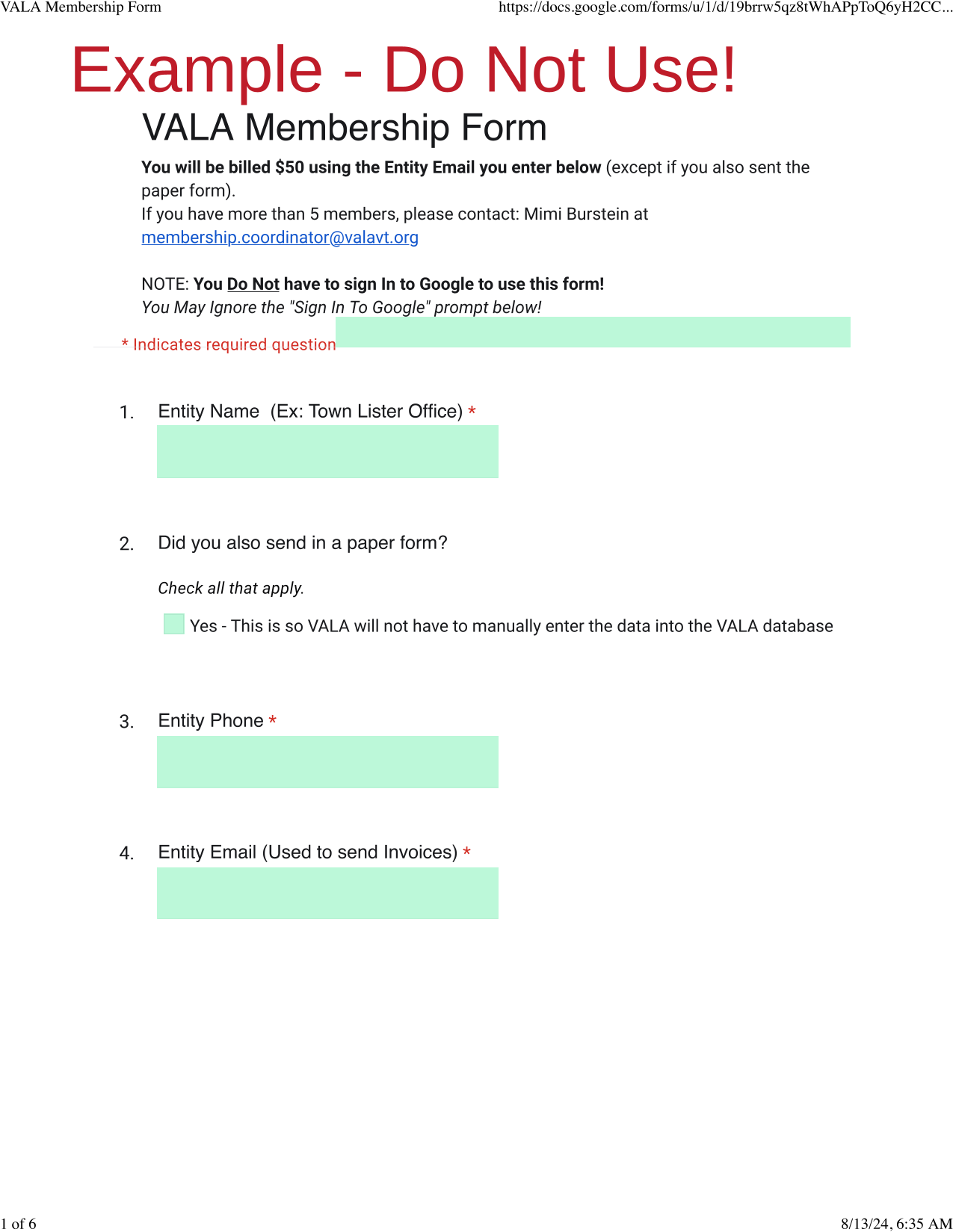 VALA Membership Form screenshot