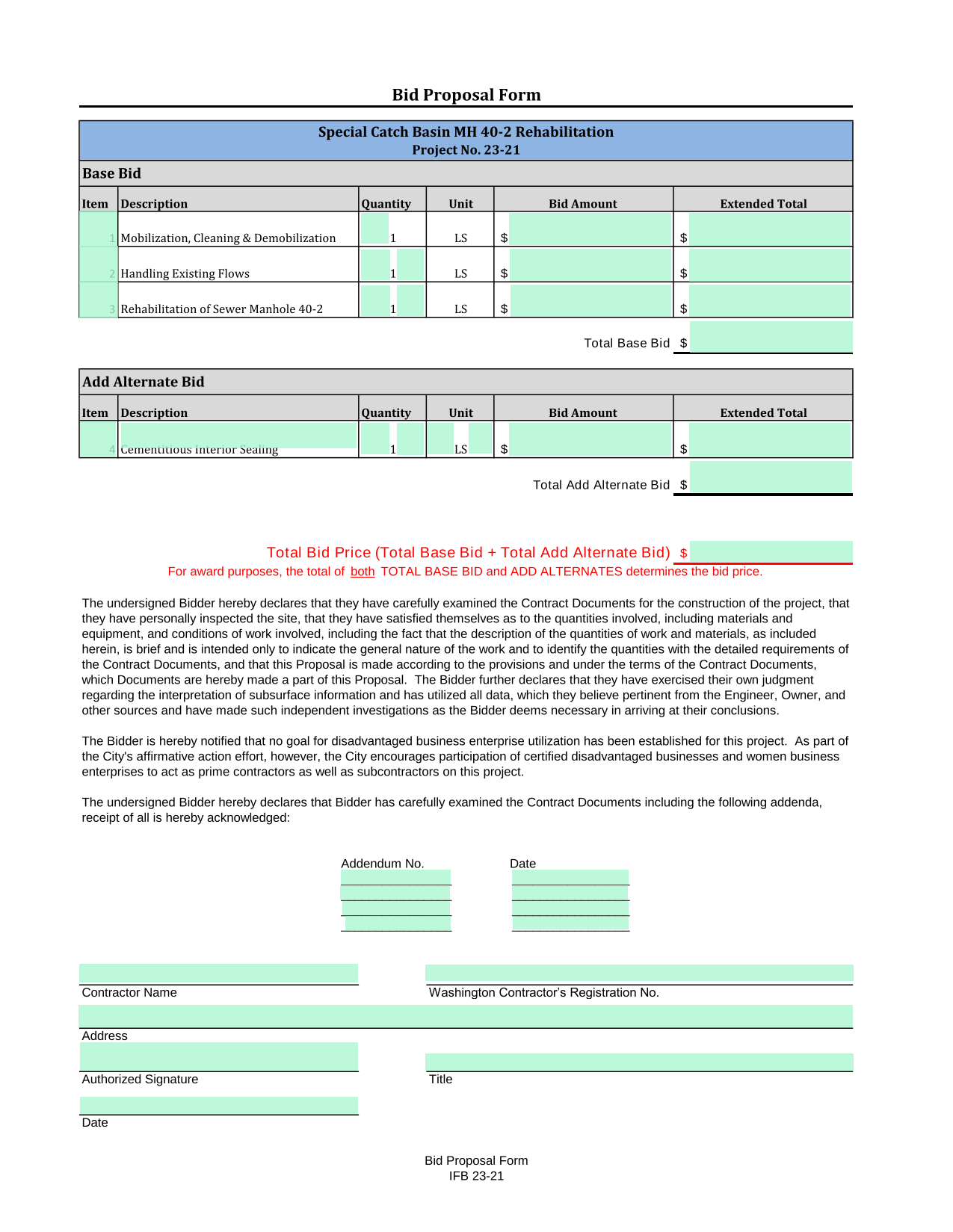 Bid Proposal Form screenshot