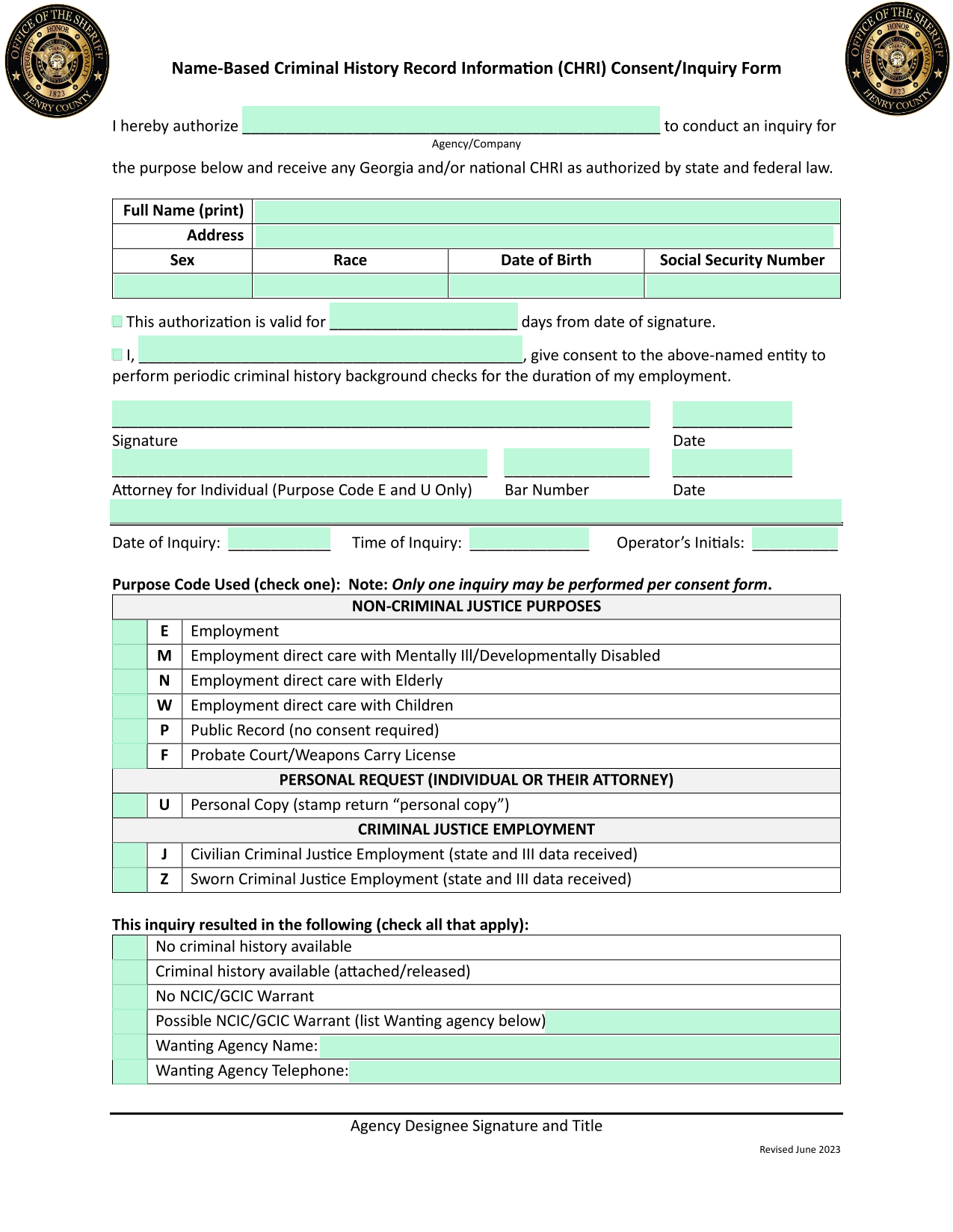 Name Based Criminal History Record Information (CHRI) ConsentInquiry Form screenshot