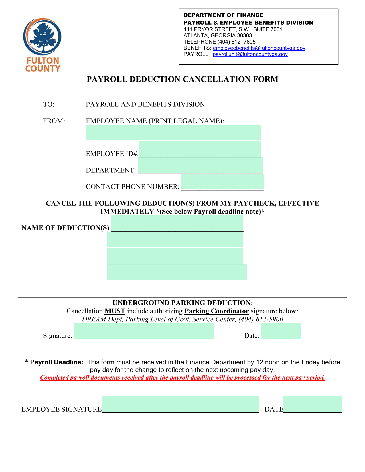 Payroll Deduction Cancellation Form screenshot