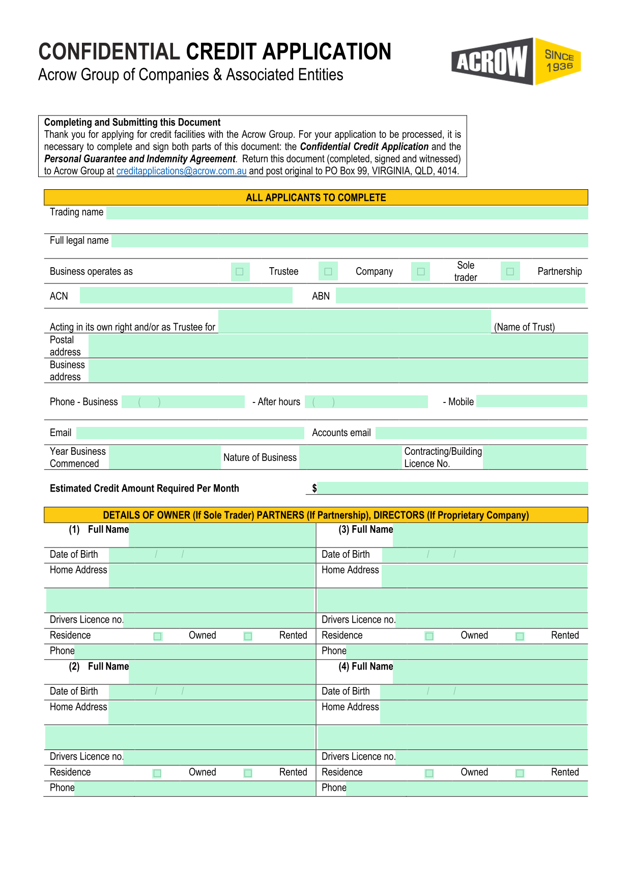 Confidential Credit Application screenshot