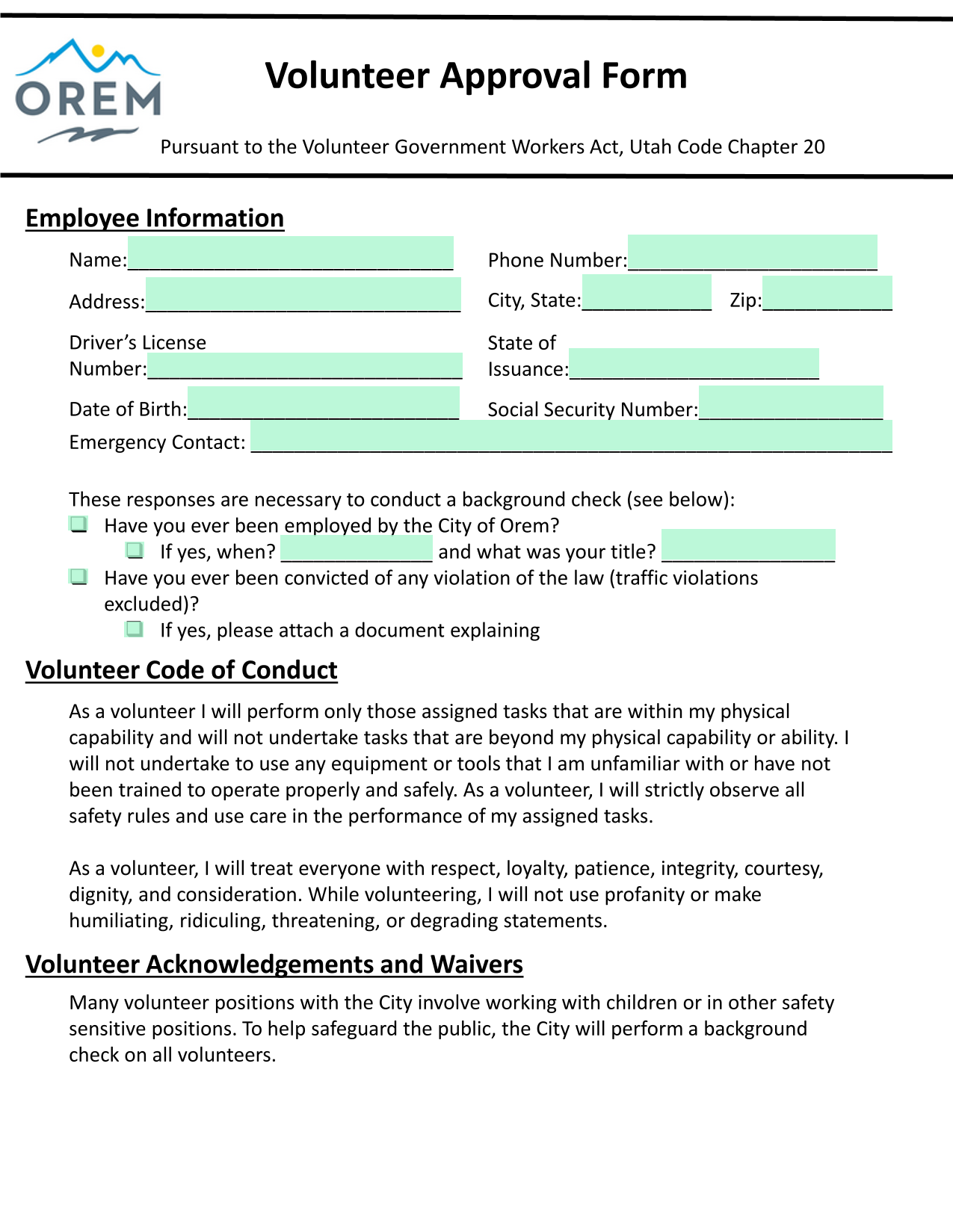 Volunteer Approval Form screenshot