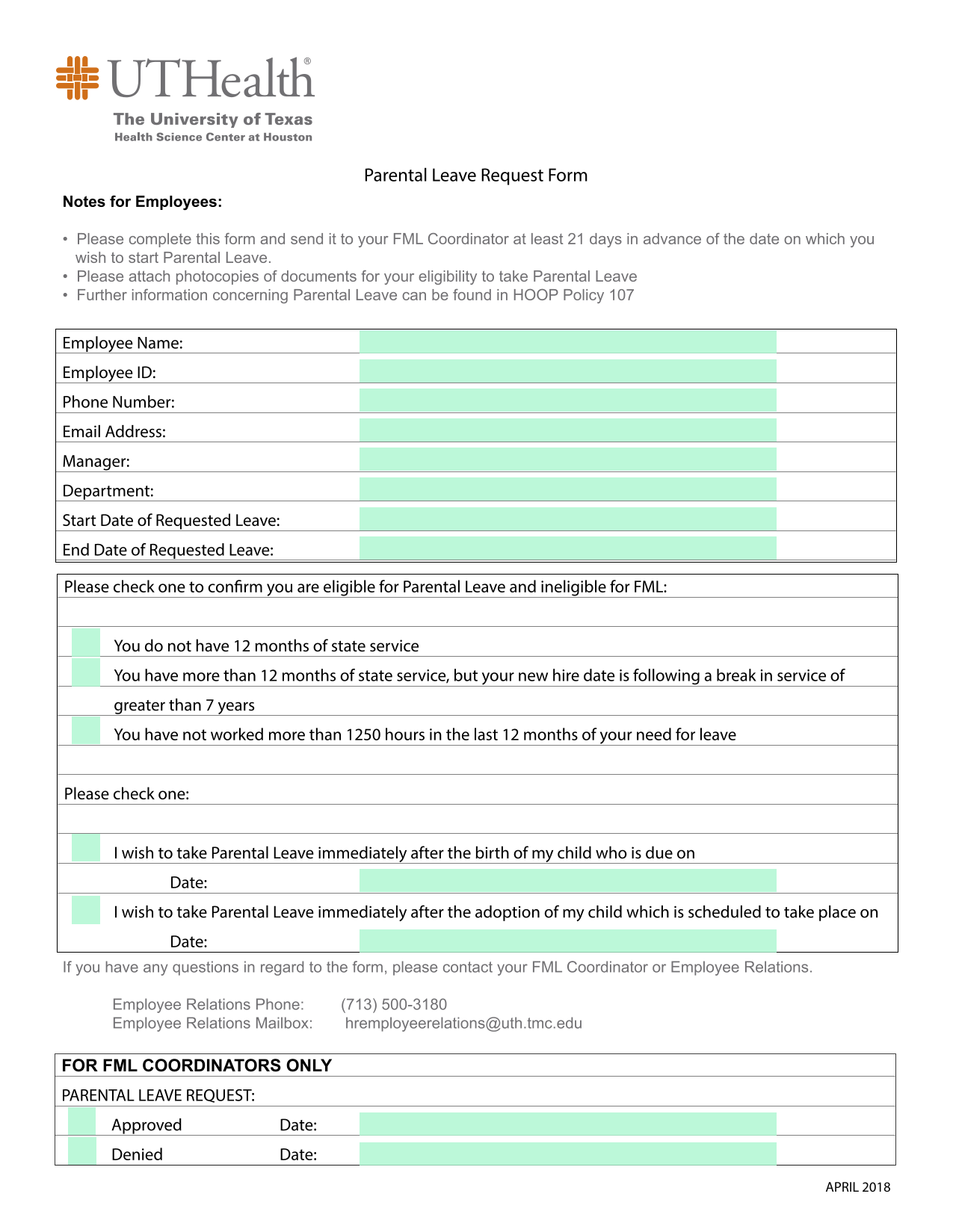 Parental Leave Request Form screenshot