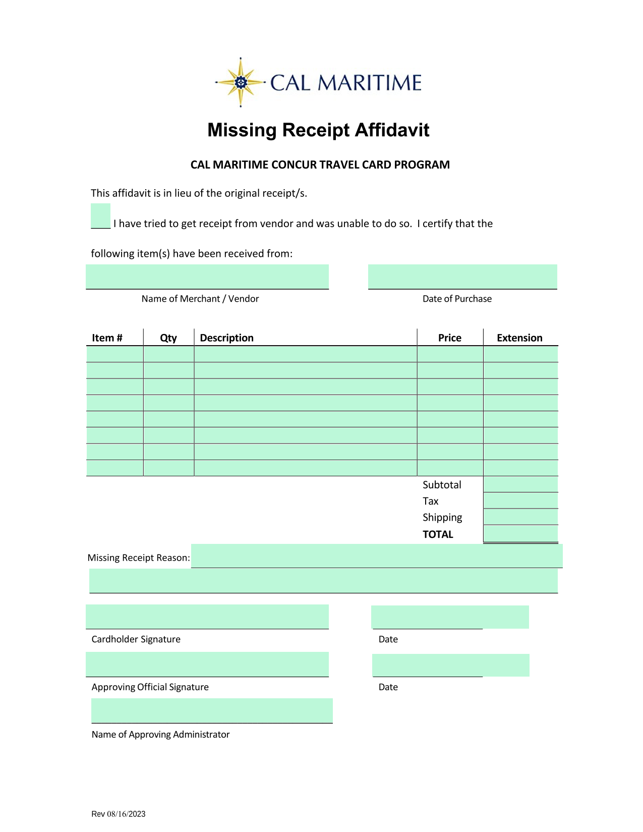 Missing Receipt Affidavit screenshot