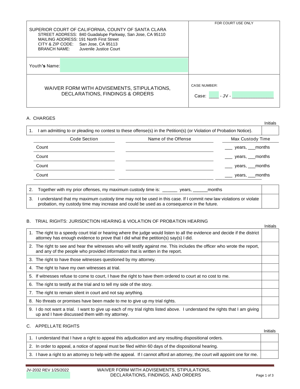 JV 2032 Waiver Form With Advisements, Stipulations, Declarations, Findings, And Orders screenshot