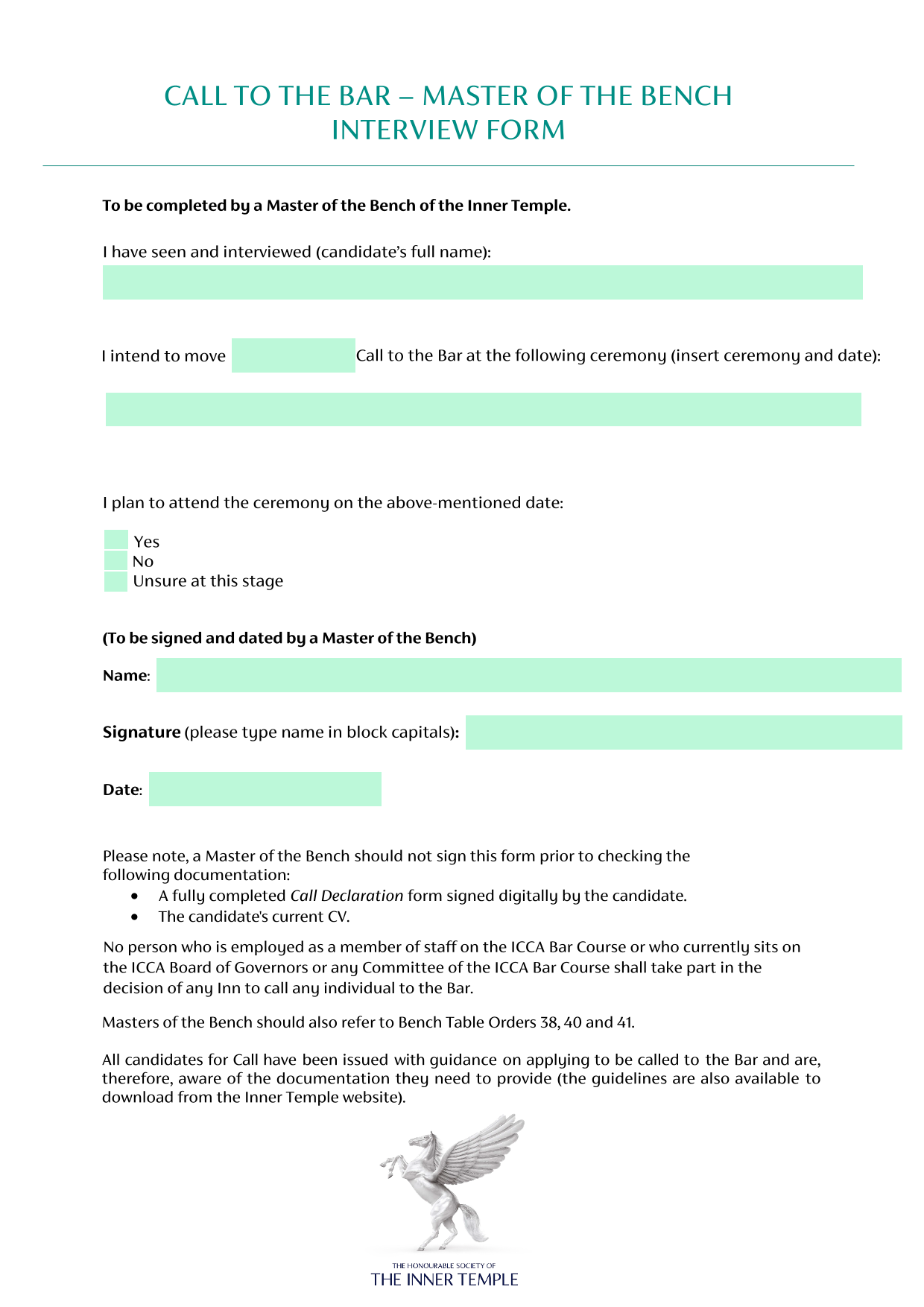 CALL TO THE BAR  MASTER OF THE BENCH INTERVIEW FORM screenshot