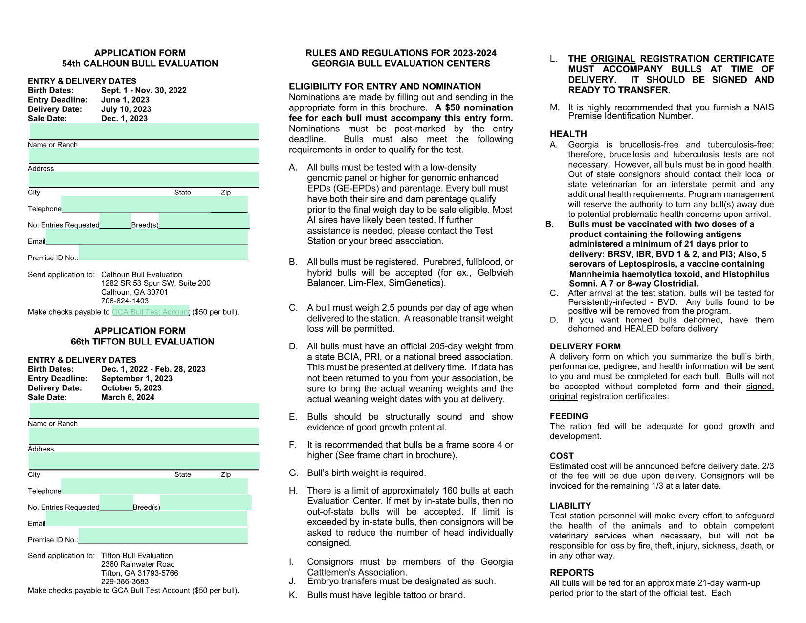 Georgia Bull Evaluation Centers Application Form screenshot
