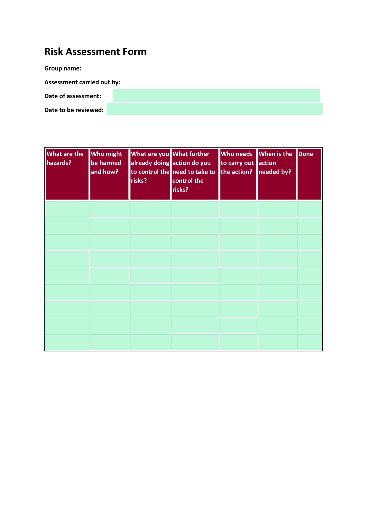 Risk Assessment Form screenshot