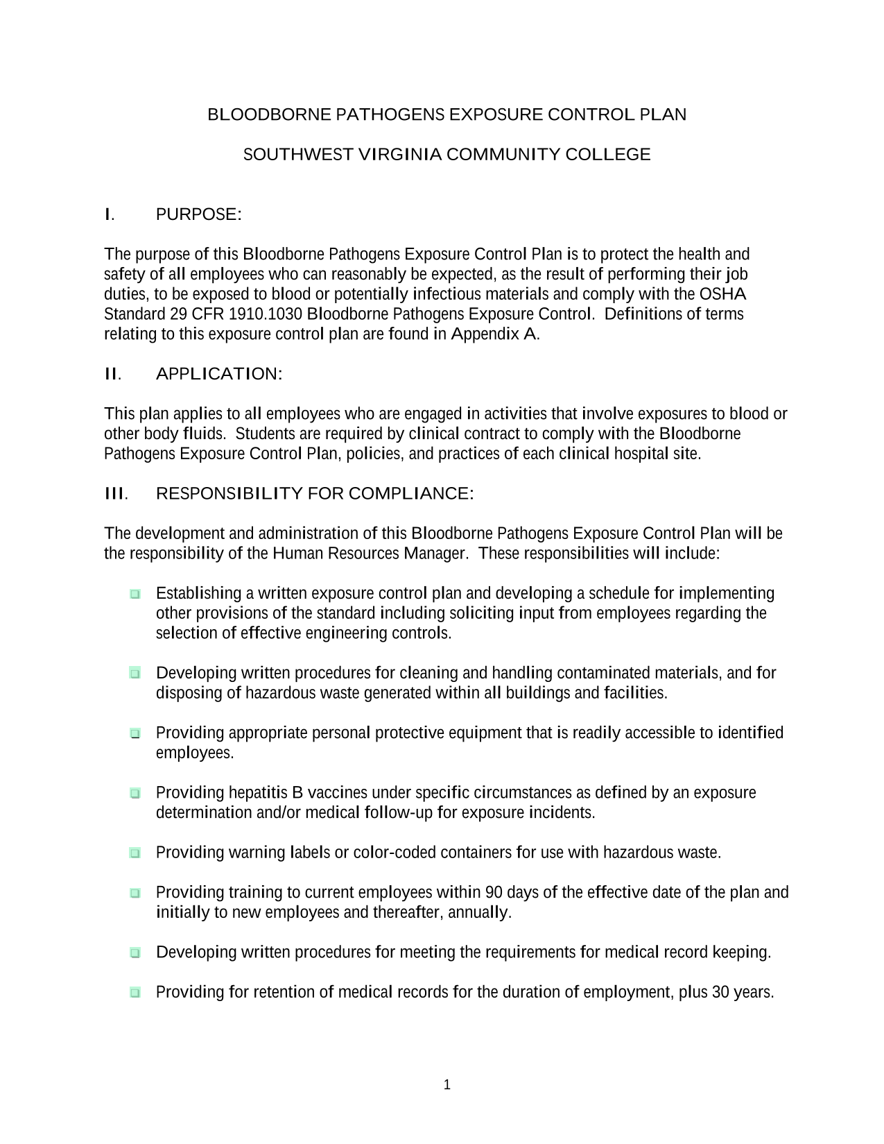 Bloodborne Pathogens Exposure Control Plan screenshot