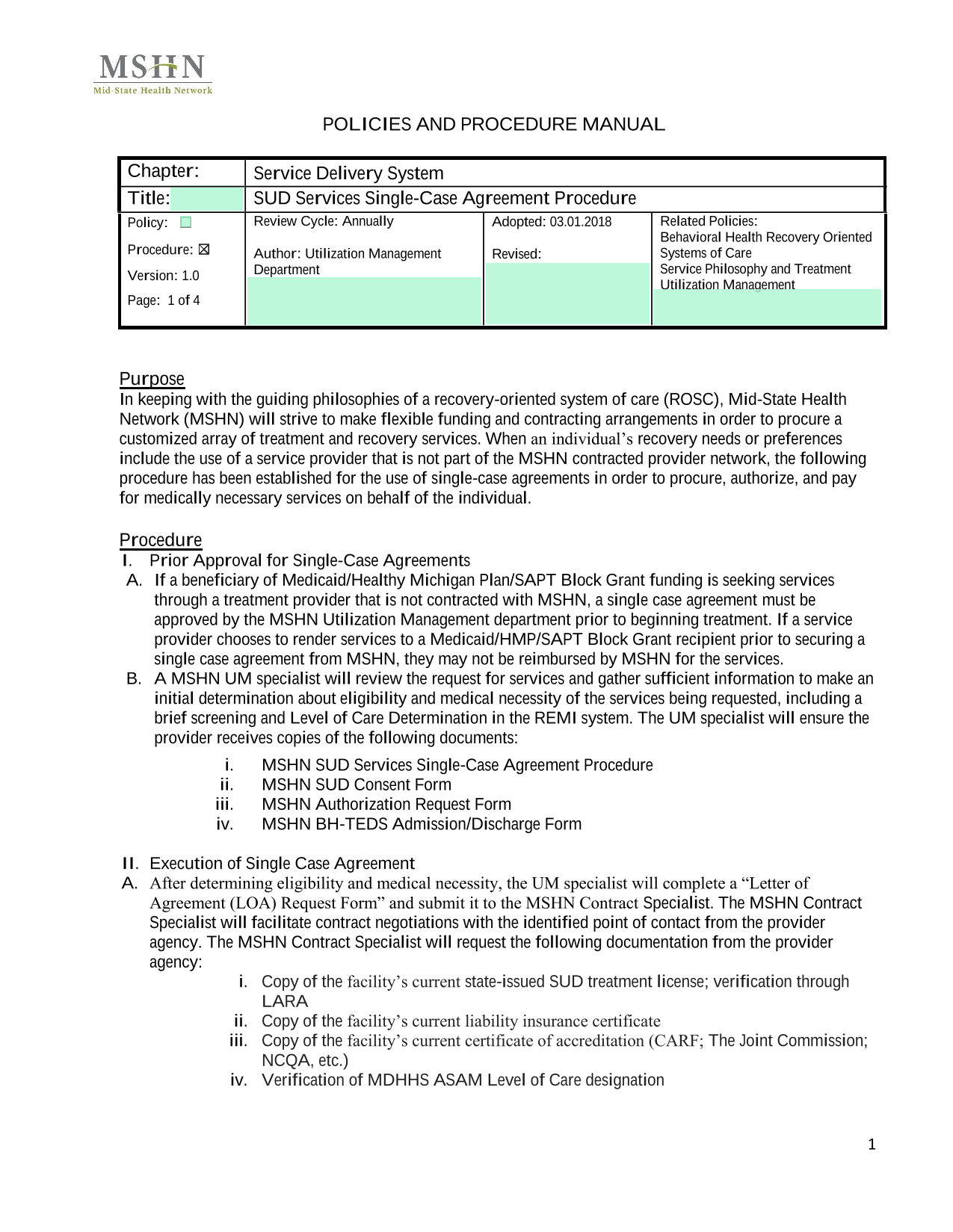 POLICIES AND PROCEDURE MANUAL SUD Services Single Case Agreement Procedure screenshot