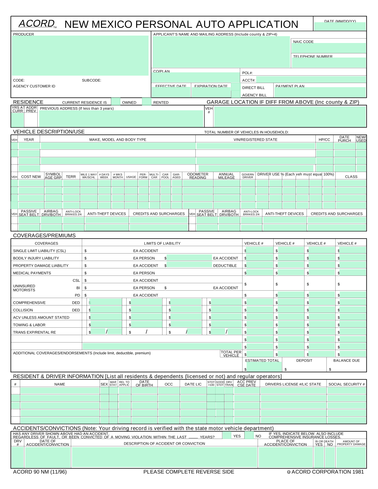 New Mexico Personal Auto Application (ACORD 90 NM) screenshot