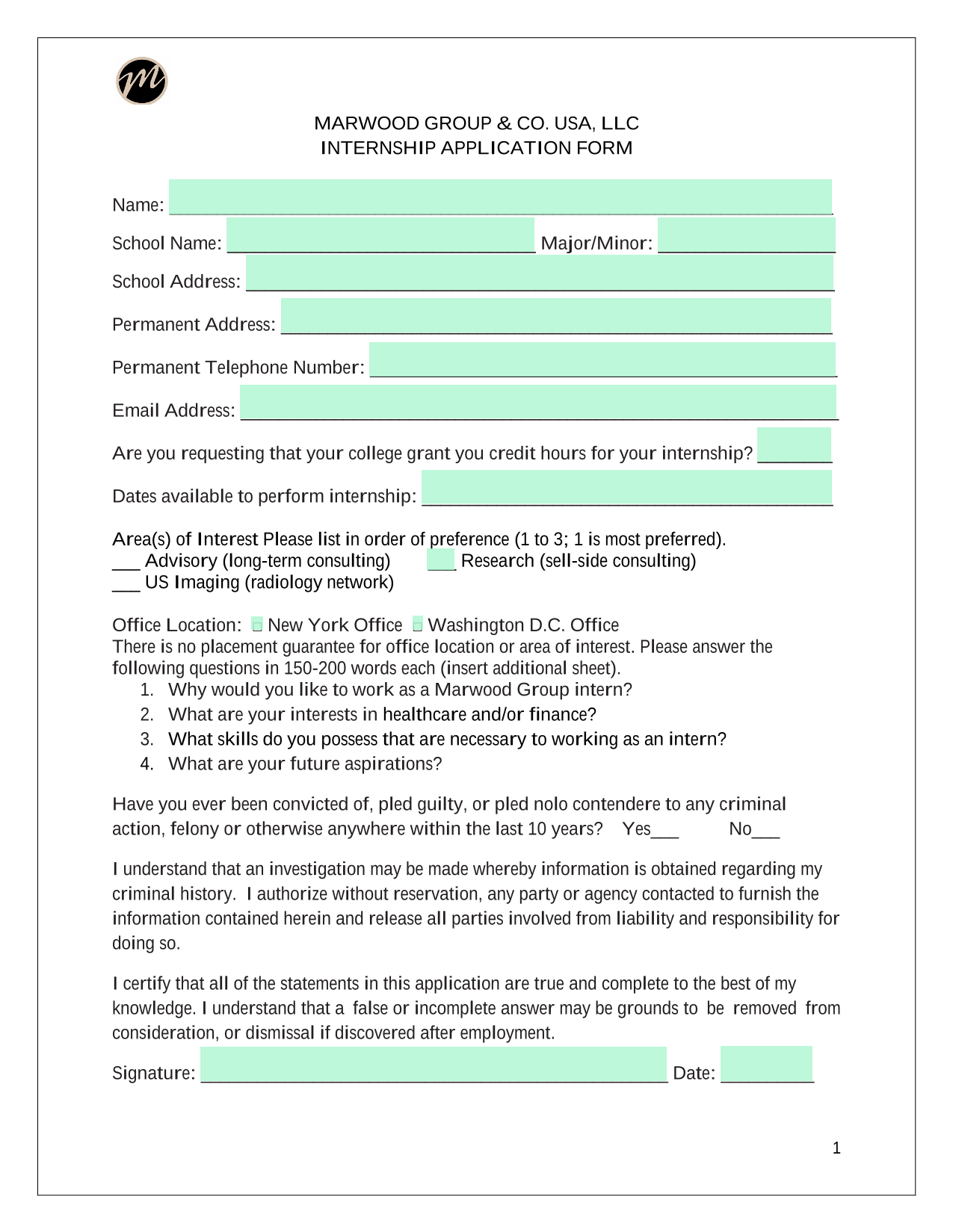 MARWOOD GROUP  CO. USA, LLC INTERNSHIP APPLICATION FORM screenshot