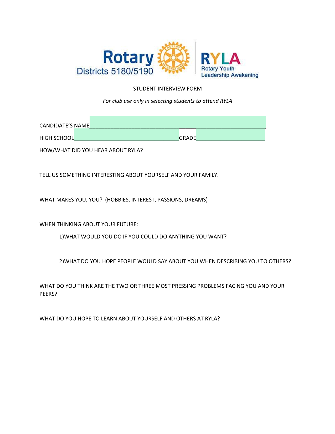 STUDENT INTERVIEW FORM screenshot