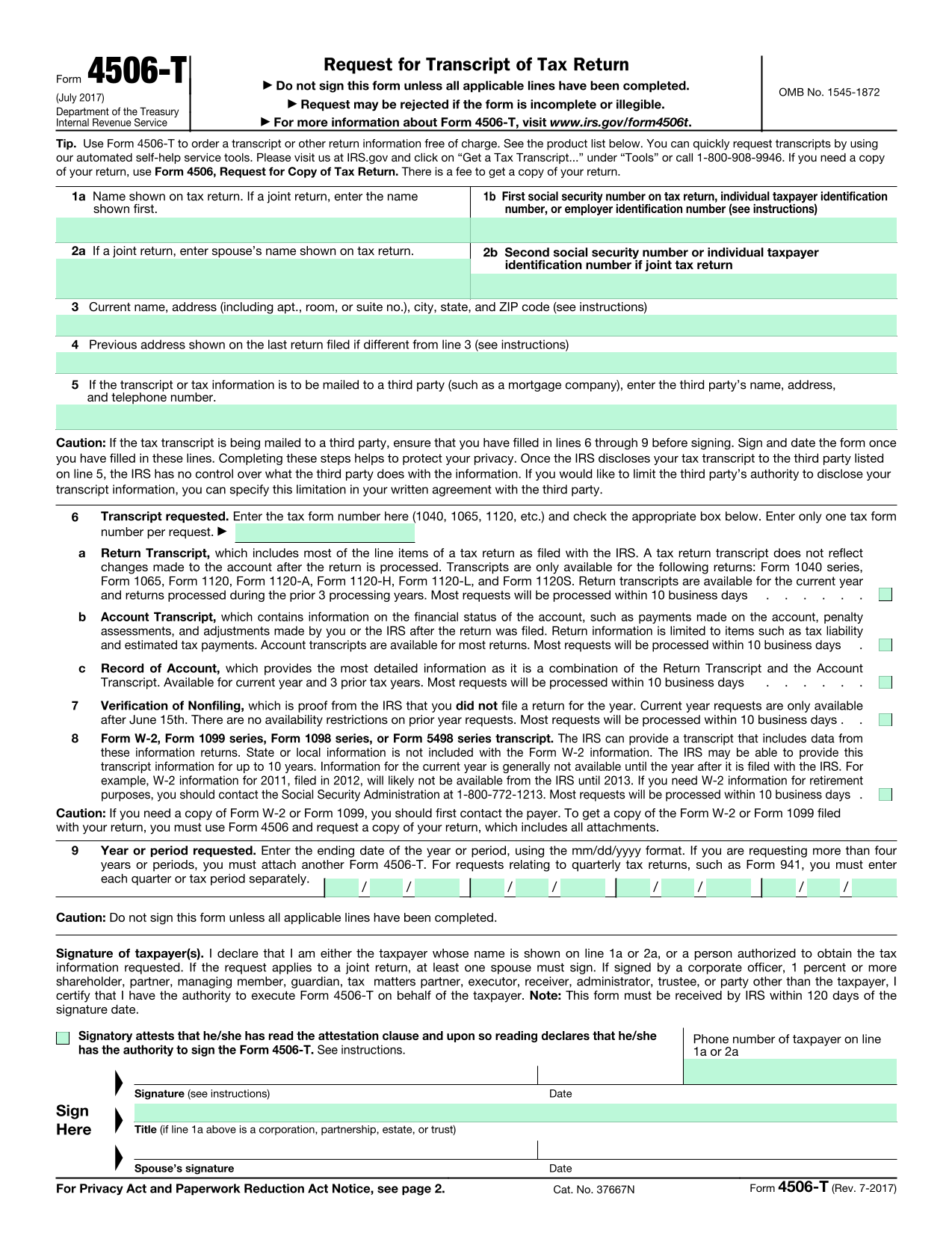Form 4506 T screenshot