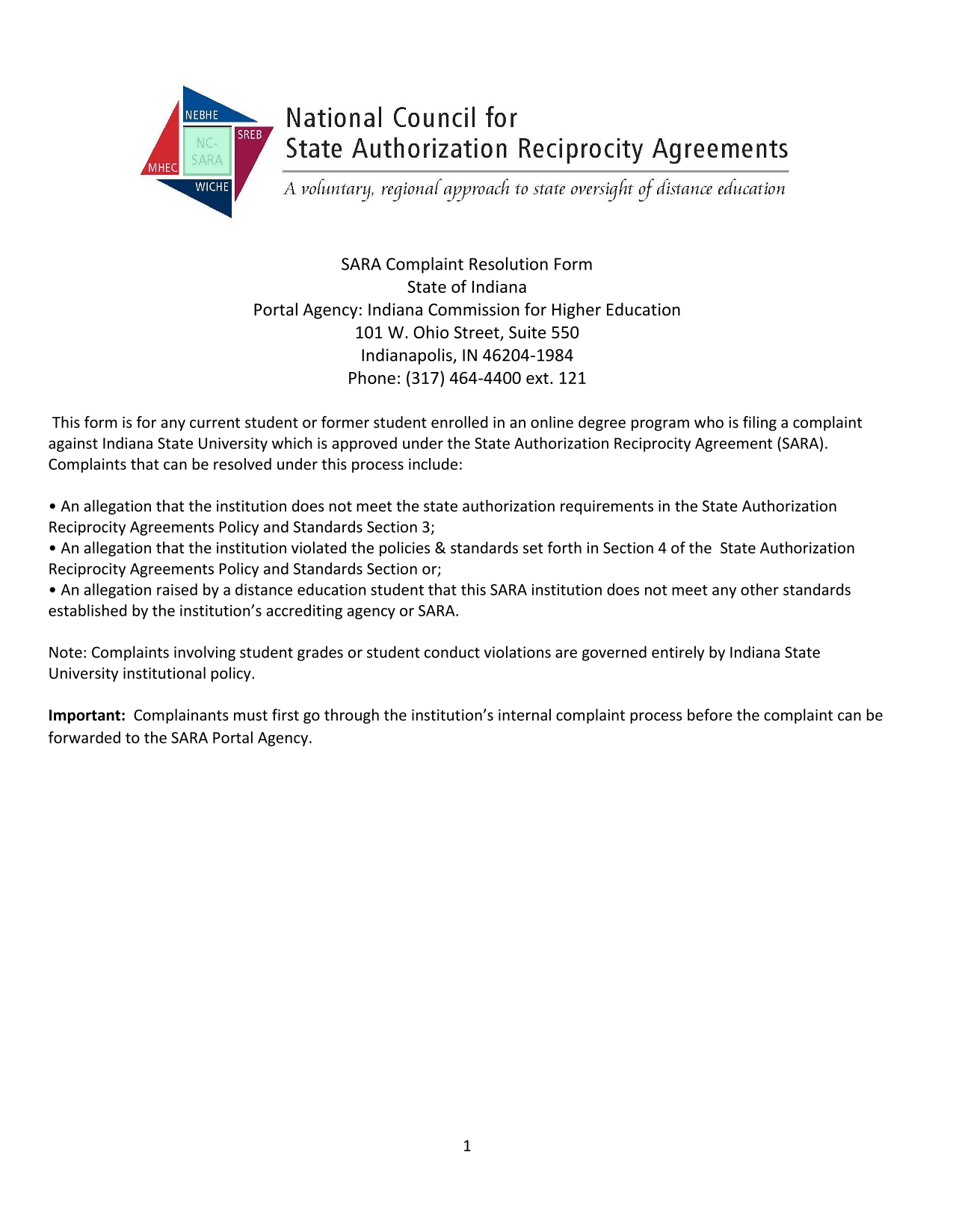 SARA Complaint Resolution Form screenshot