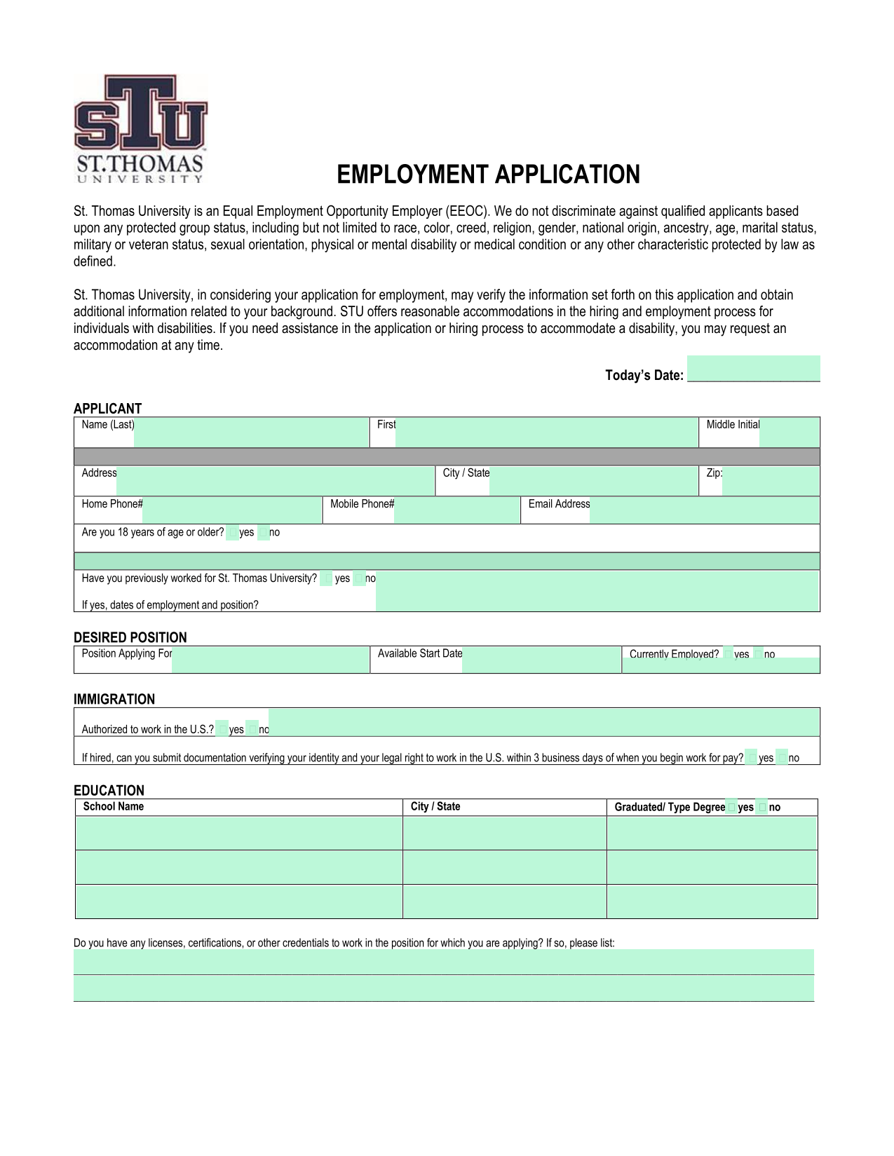 EMPLOYMENT APPLICATION screenshot