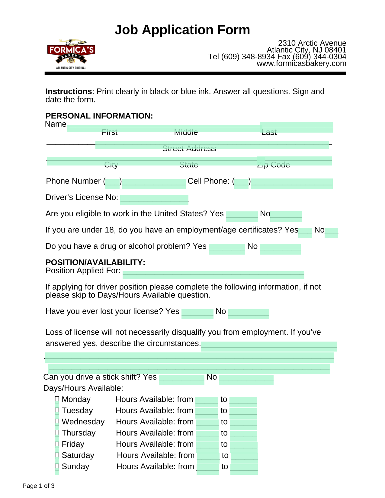 Job Application Form screenshot